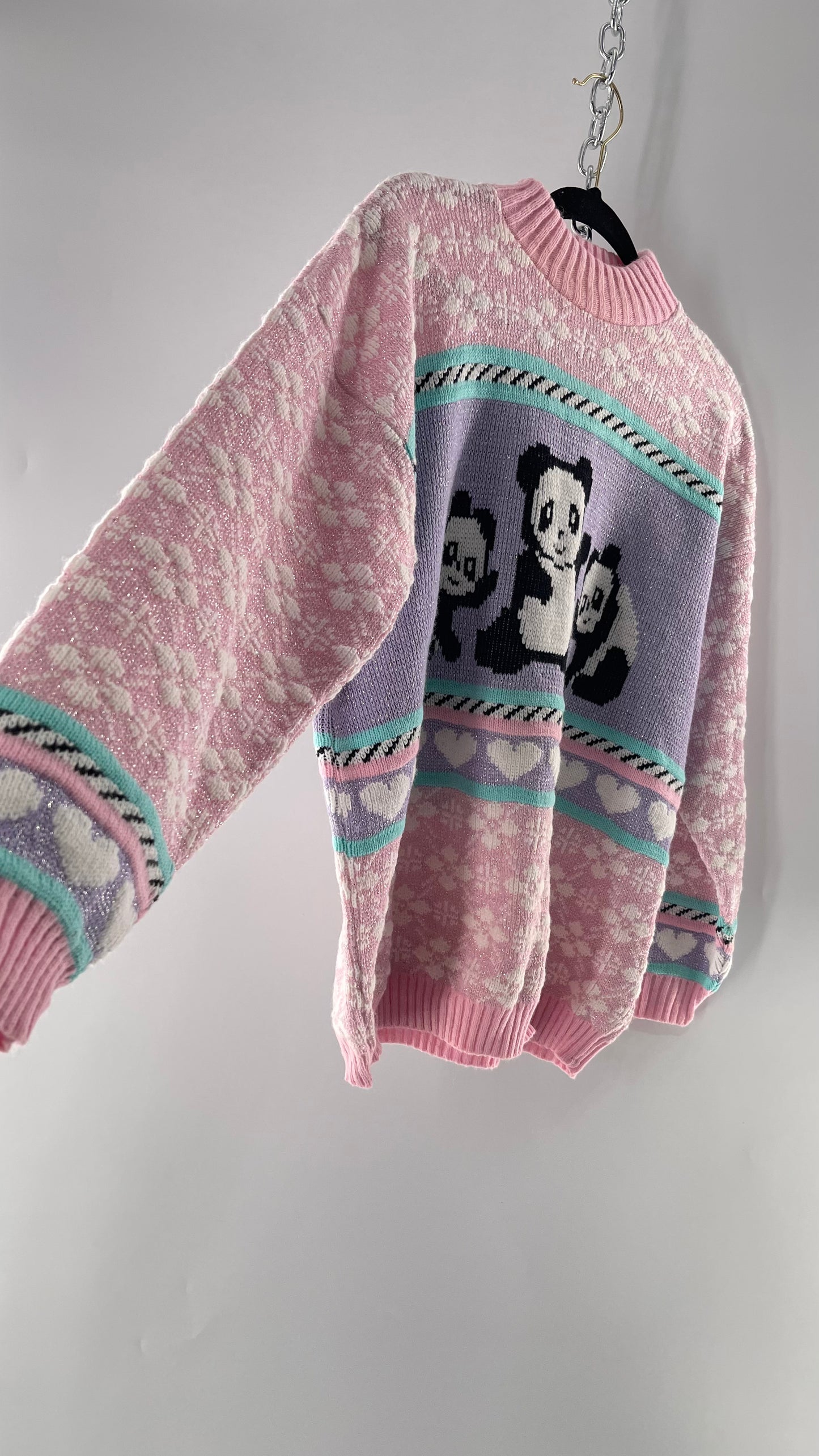 RARE 80s Vintage Adele Pastel Pink, Purple, Mint Silver Tinsel Sweater with Anime/Manga Art Style Pandas (Medium)