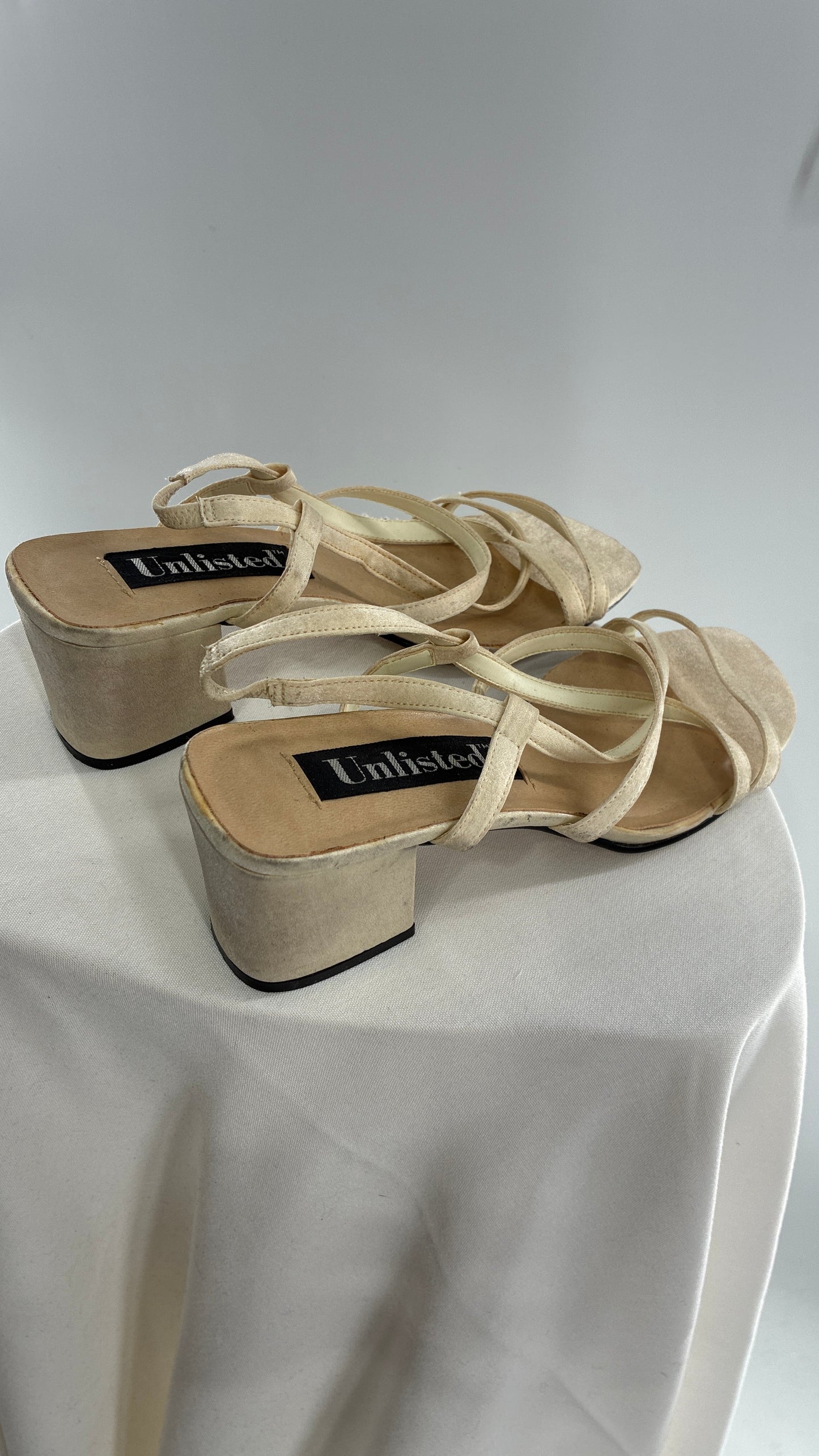 Vintage UNLISTED 1990s Strappy Ivory Block Kitten Heel Sandal (8)