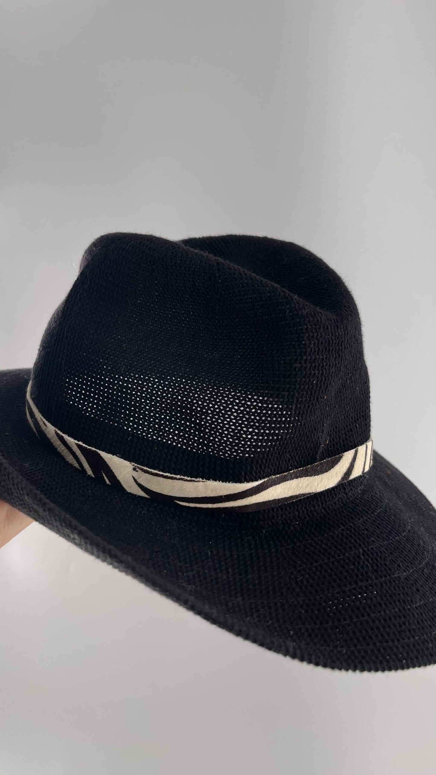 Free People Black 55% Cotton Woven Sun Hat with Textured Fur Belt