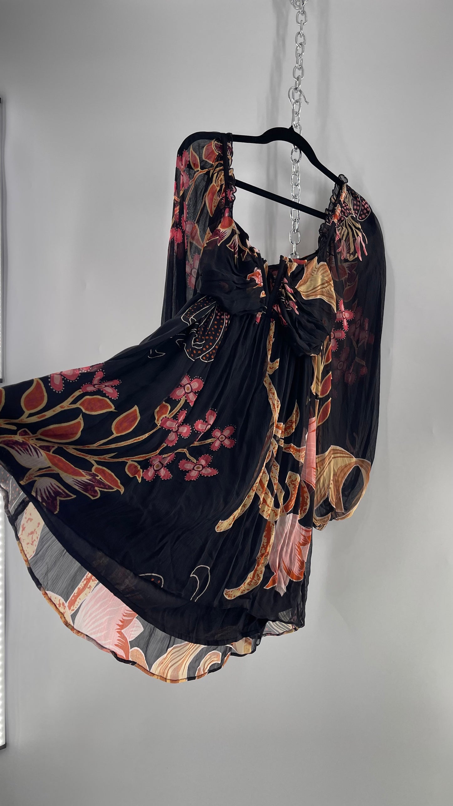 Anthropologie Let Me Be Crimped Black Chiffon Pink Floral Patterned l Dress with Tie/Open Back Detail and Tags Attached (Small)