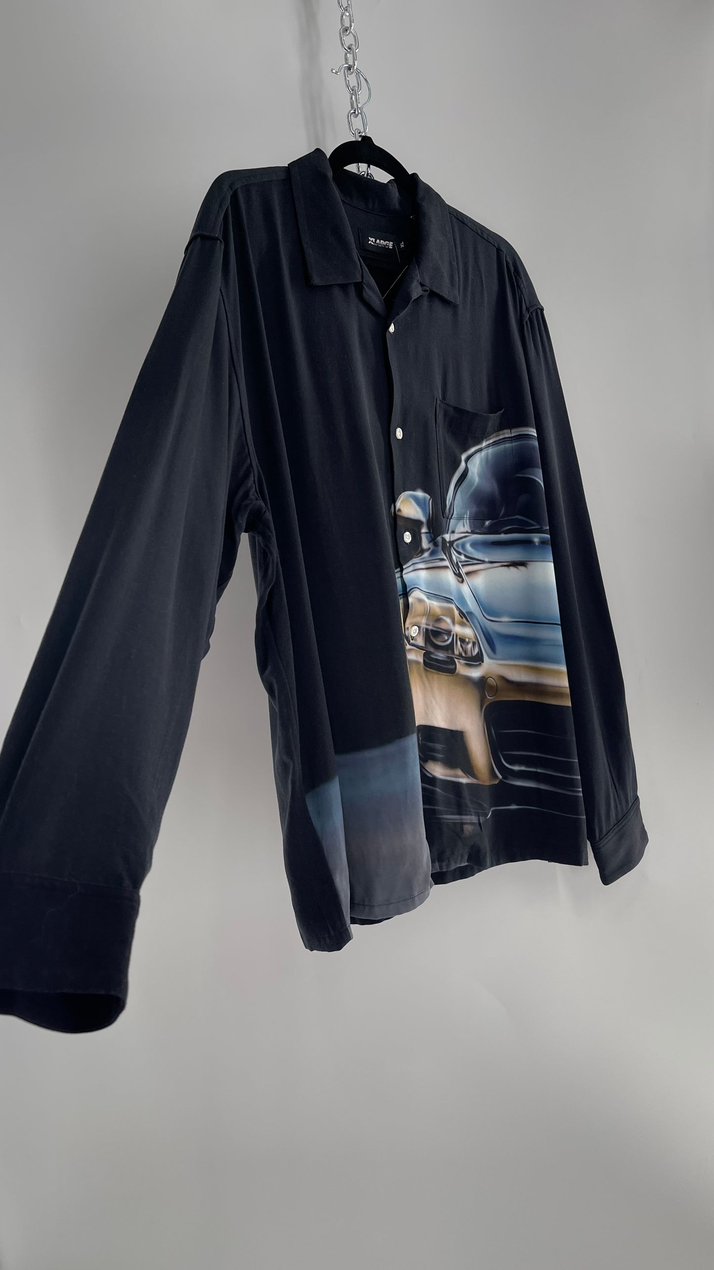XLARGE Black 100% Rayon Men’s Button Up with HD Futuristic Car Graphic (XL)
