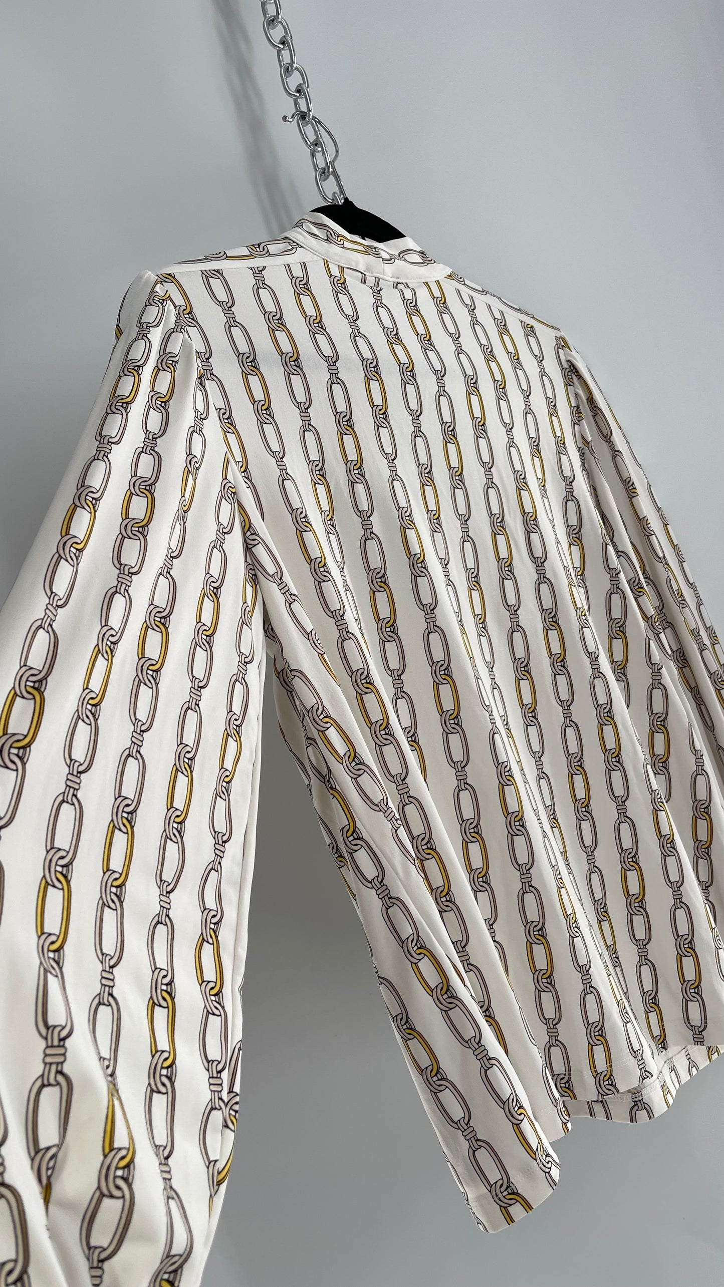 ANN TAYLOR White Gold Chain Graphic Blouse with Neck Tie Detail (Medium)