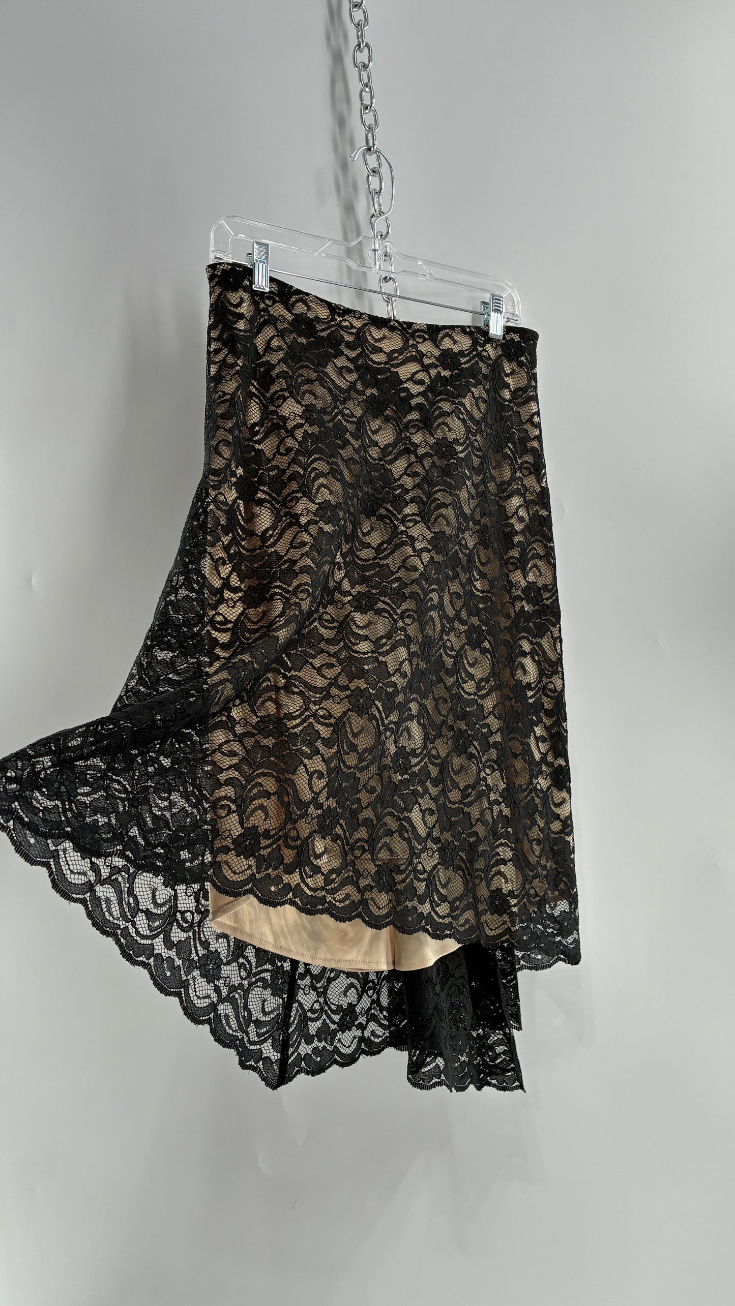 Vintage HEART MOON STARS Black Lace Overlay + Nude Underlay Skirt with Low Wired Back, Ruched Bum, and Button Down Back(8)