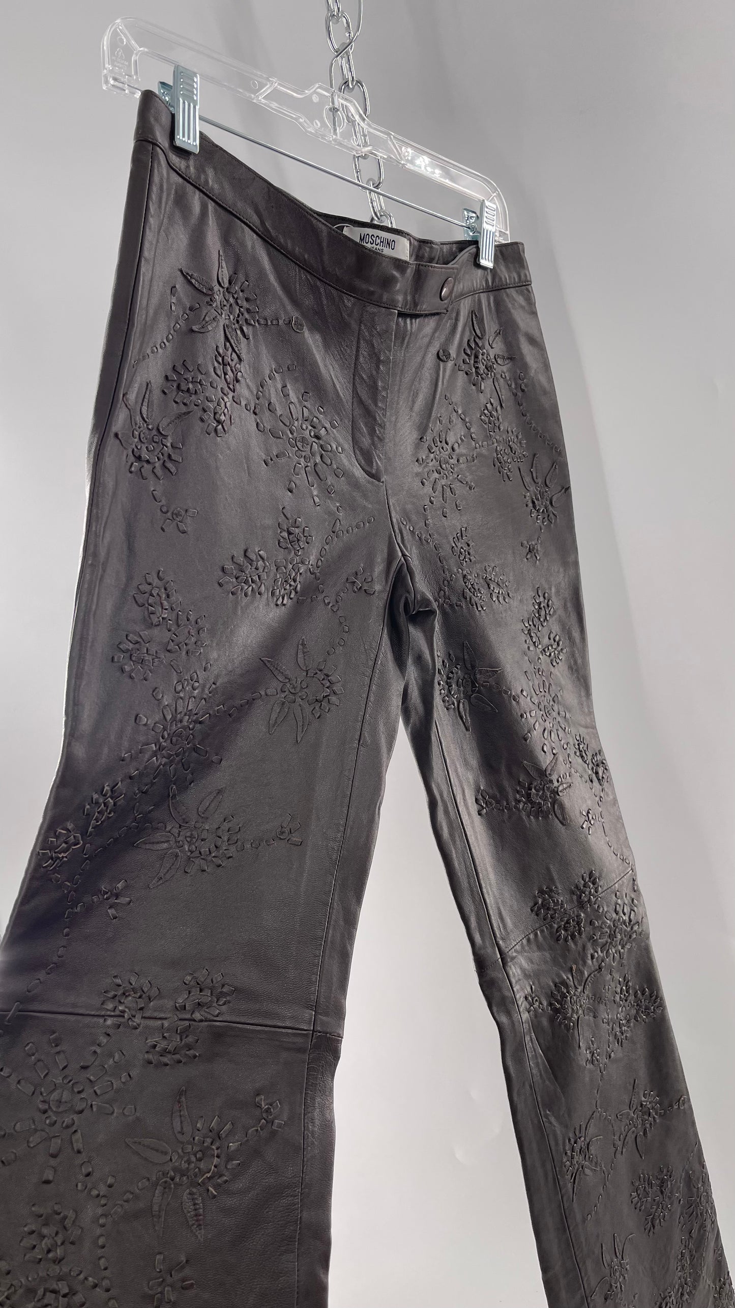 Moschino Brown Leather Embroidered Pants (10) ***WITH TAGS***