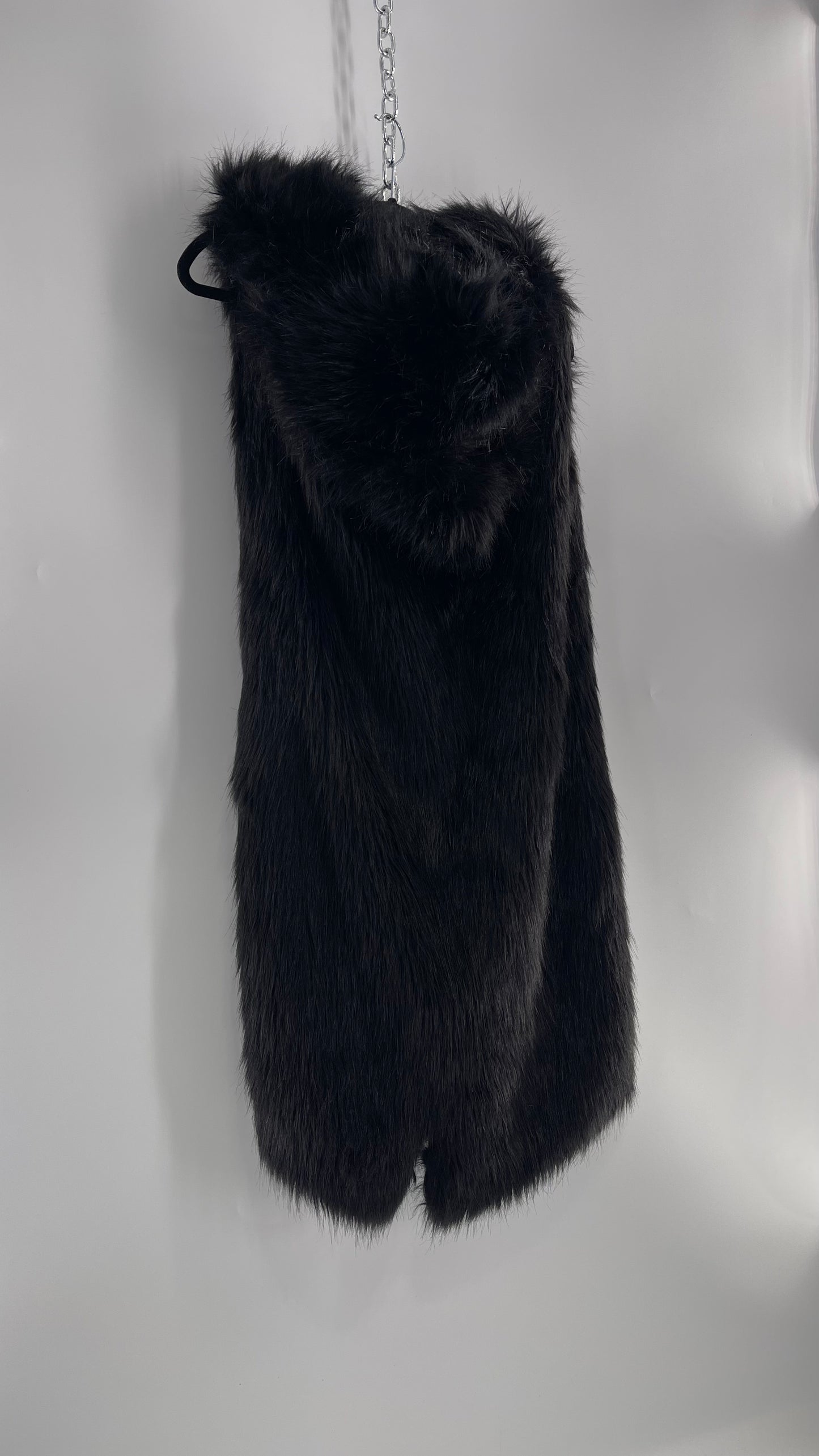 Full Length Black Fuzzy Sleeveless Vest with Oversized Hood (Medium)