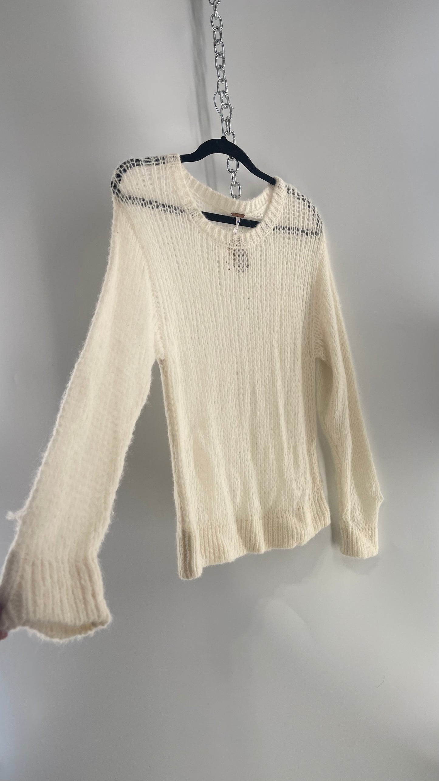 Free People White Open Knit Sweater 56% Alpaca (Medium)