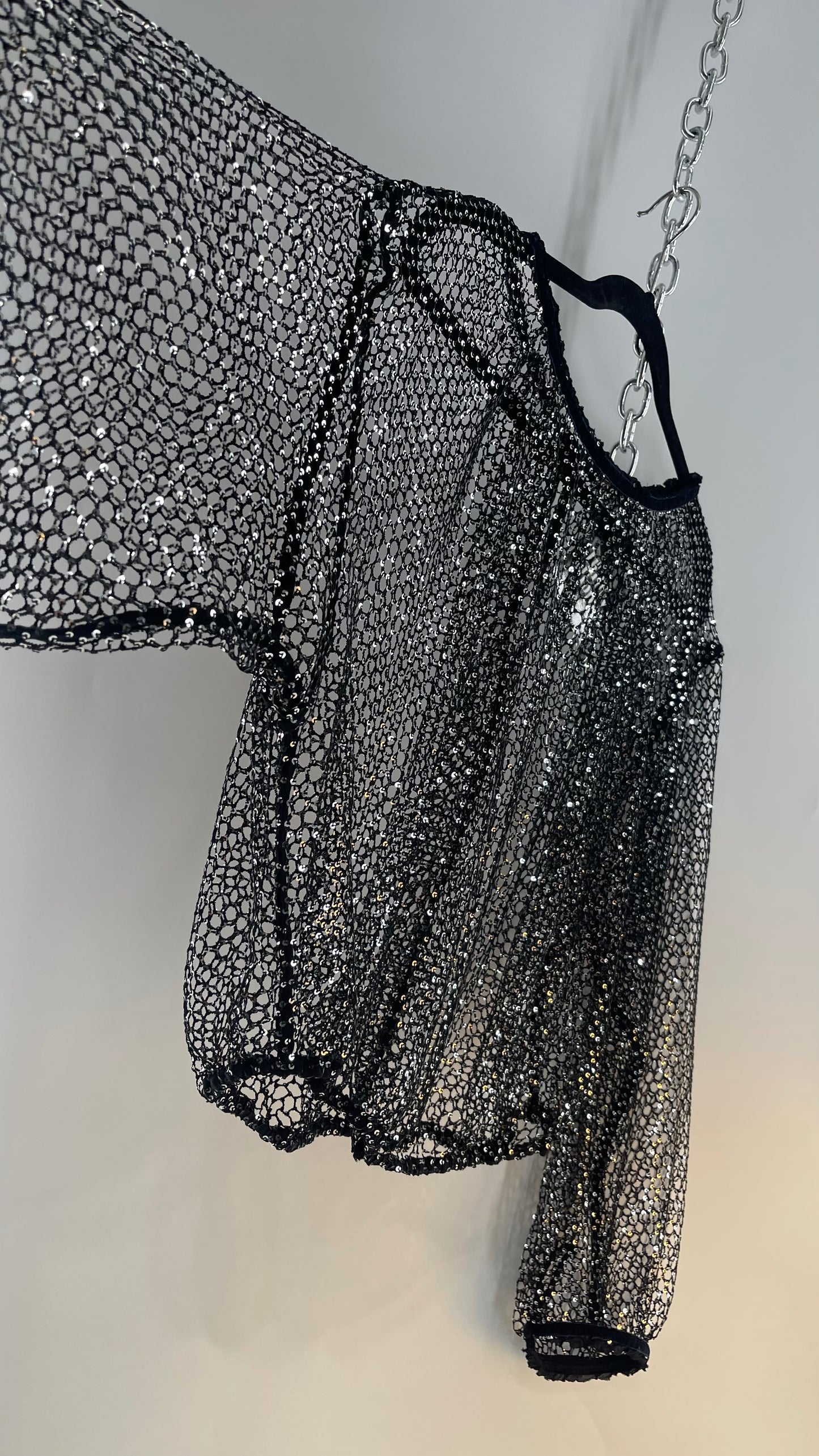 Free People Disco Black Mesh Blouse with Velvet Ribbon Trim (S/M)