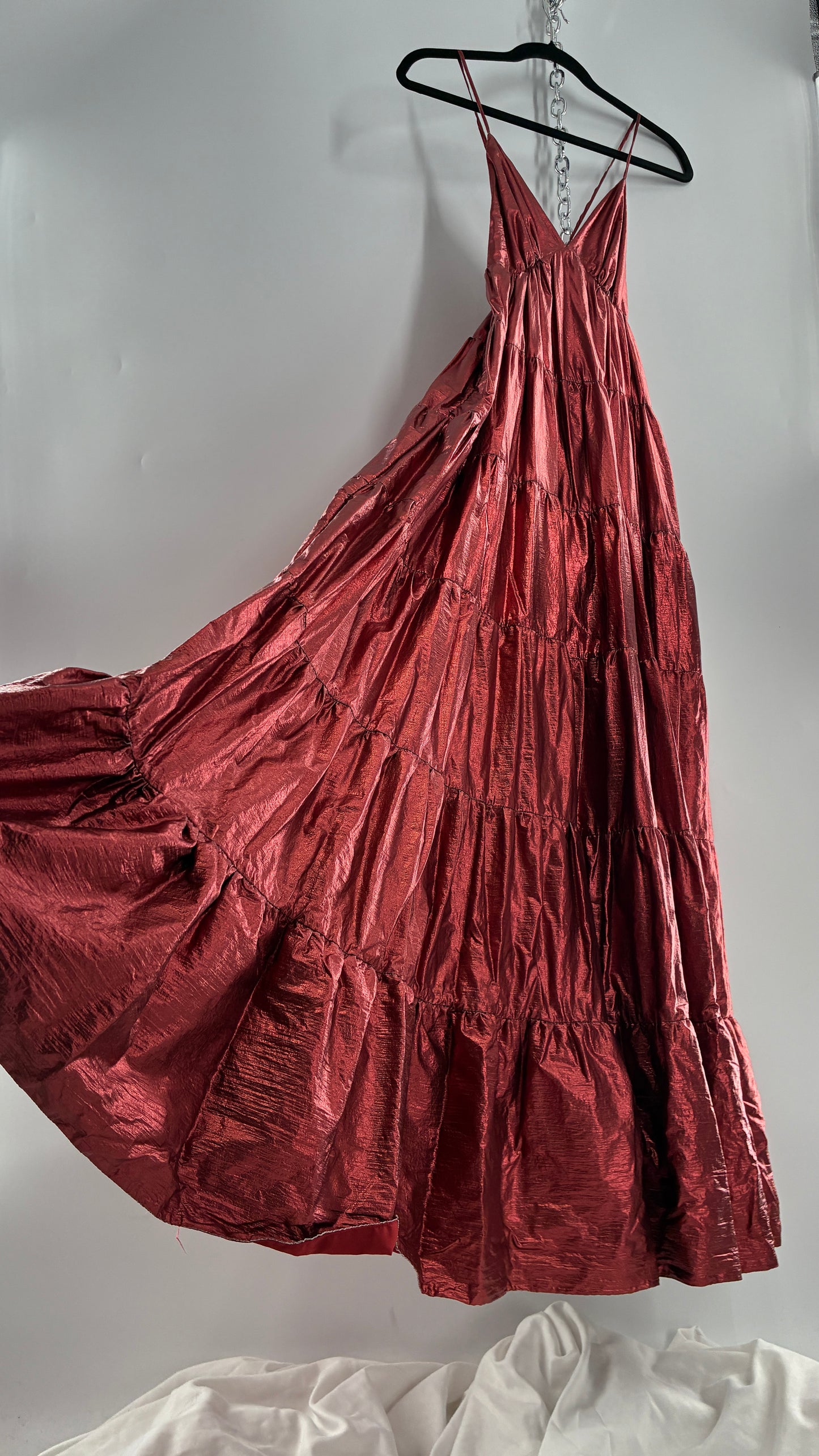 HUTCH Red Metallic Tiered Voluminous Maxi Gown (XS)