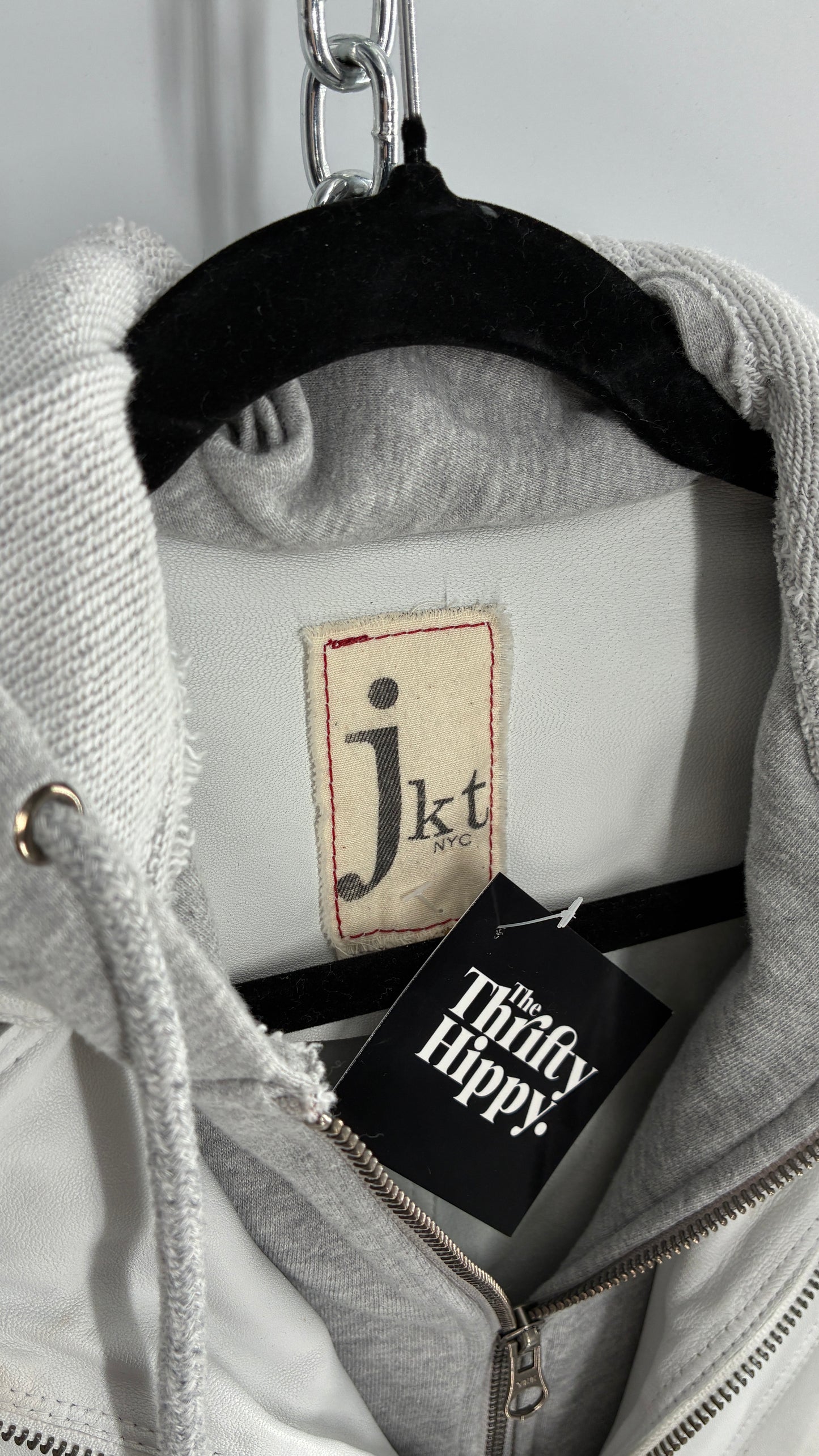 Jakett White Molly Burnished White Genuine Leather Double Layer Moto Jacket with Removable Grey Hoodie Insert (XS)