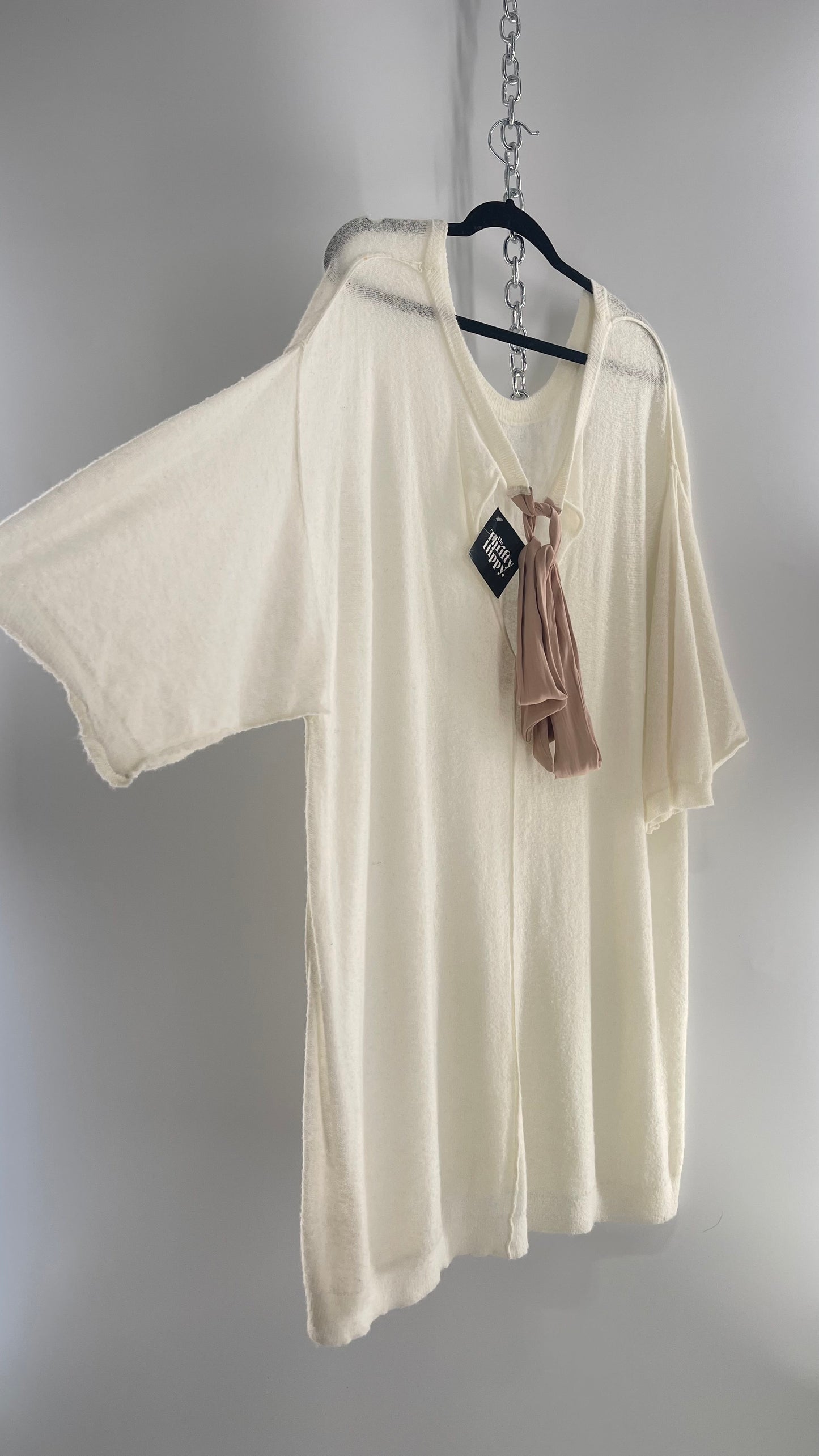Free People Off White Thin Knit Cozy Sweater Dress with Open Back and Dusty Rose Ribbon (L)