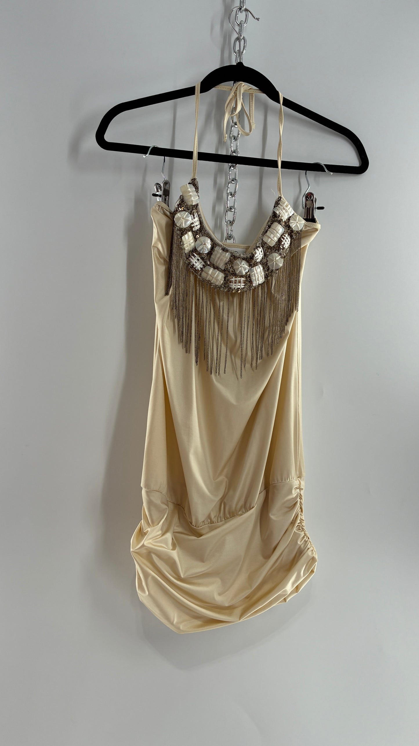 Beach Bunny Ivory Lycra Balloon Hem Mini Dress with Exaggerated, Beaded and Metal Chain Neckline (Small)