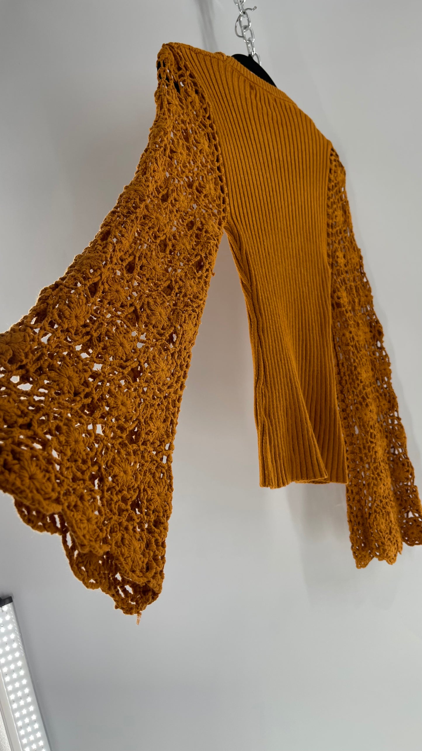 Love Colétte Mustard Sweater with Crochet Bell Sleeve (Large)