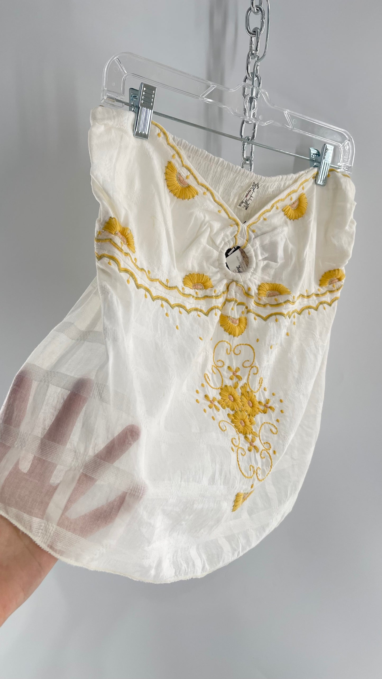 Intimately Free People White Cotton Tube Tank with Yellow Embroidered Detailing (L)