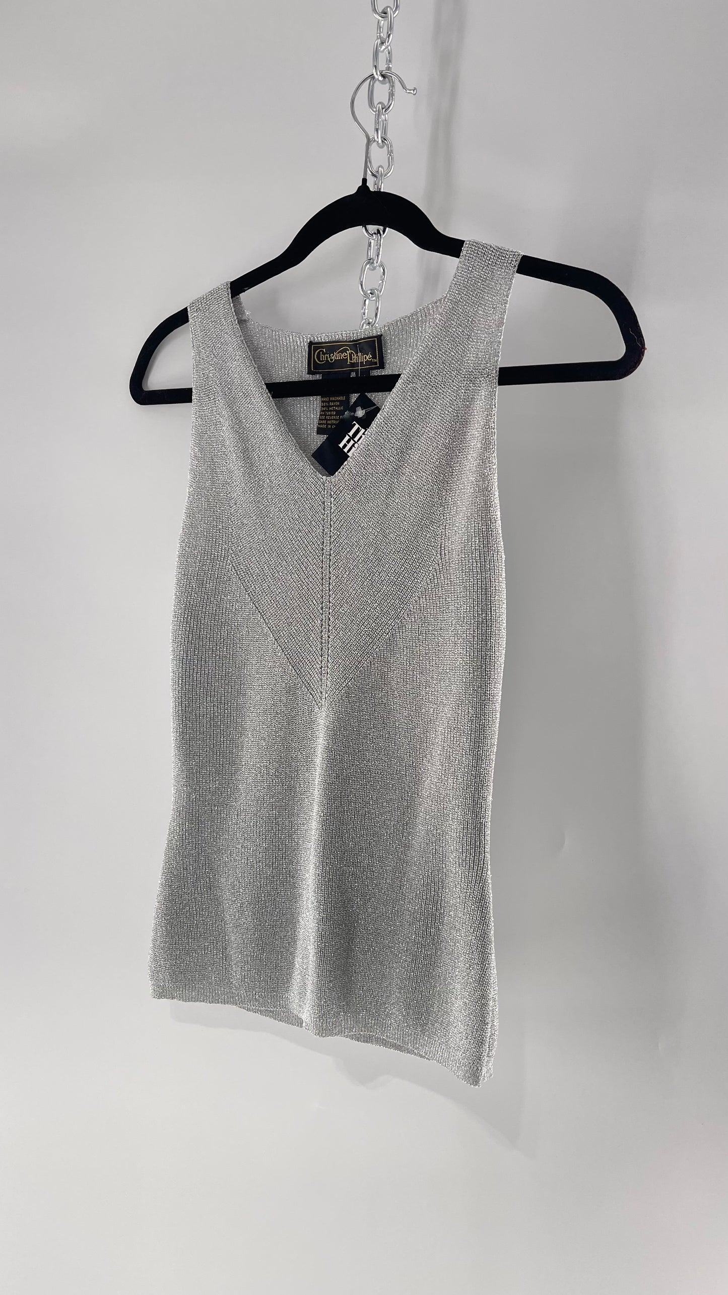 Vintage Christine Phillipe Vintage Metallic Silver Tinsel Knit Tank (Medium)