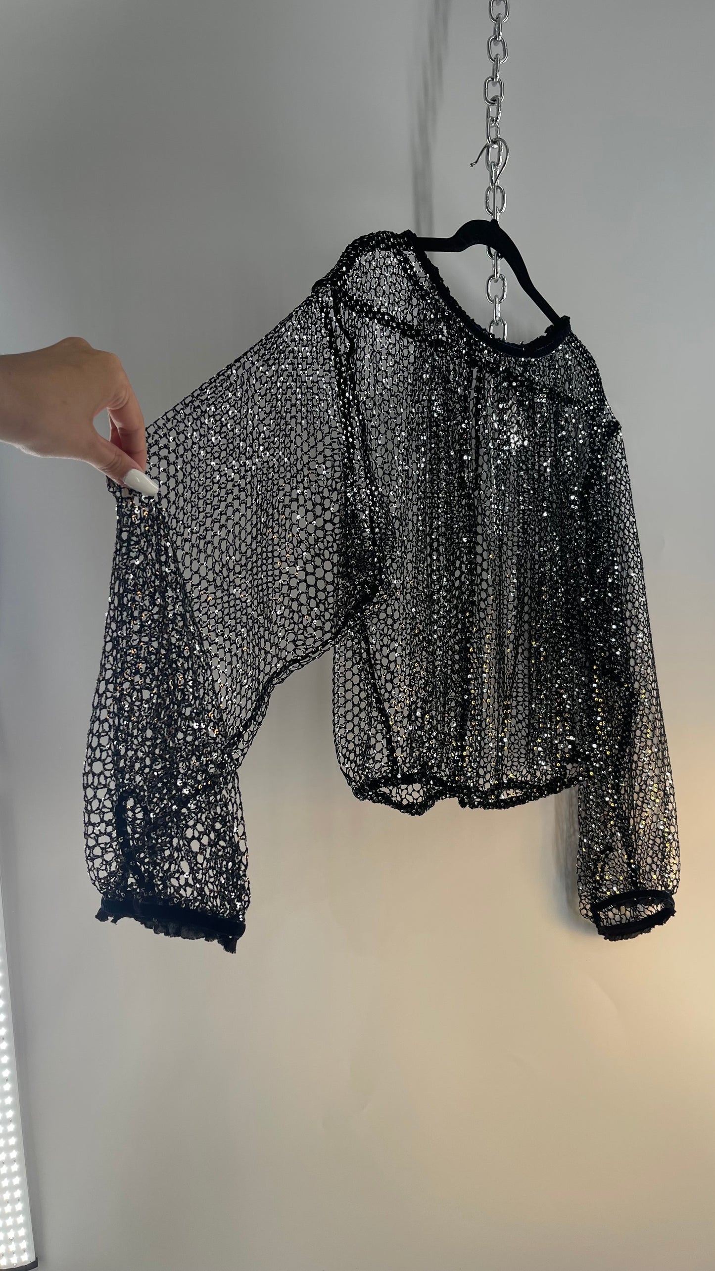 Free People Disco Black Mesh Blouse with Velvet Ribbon Trim (S/M)