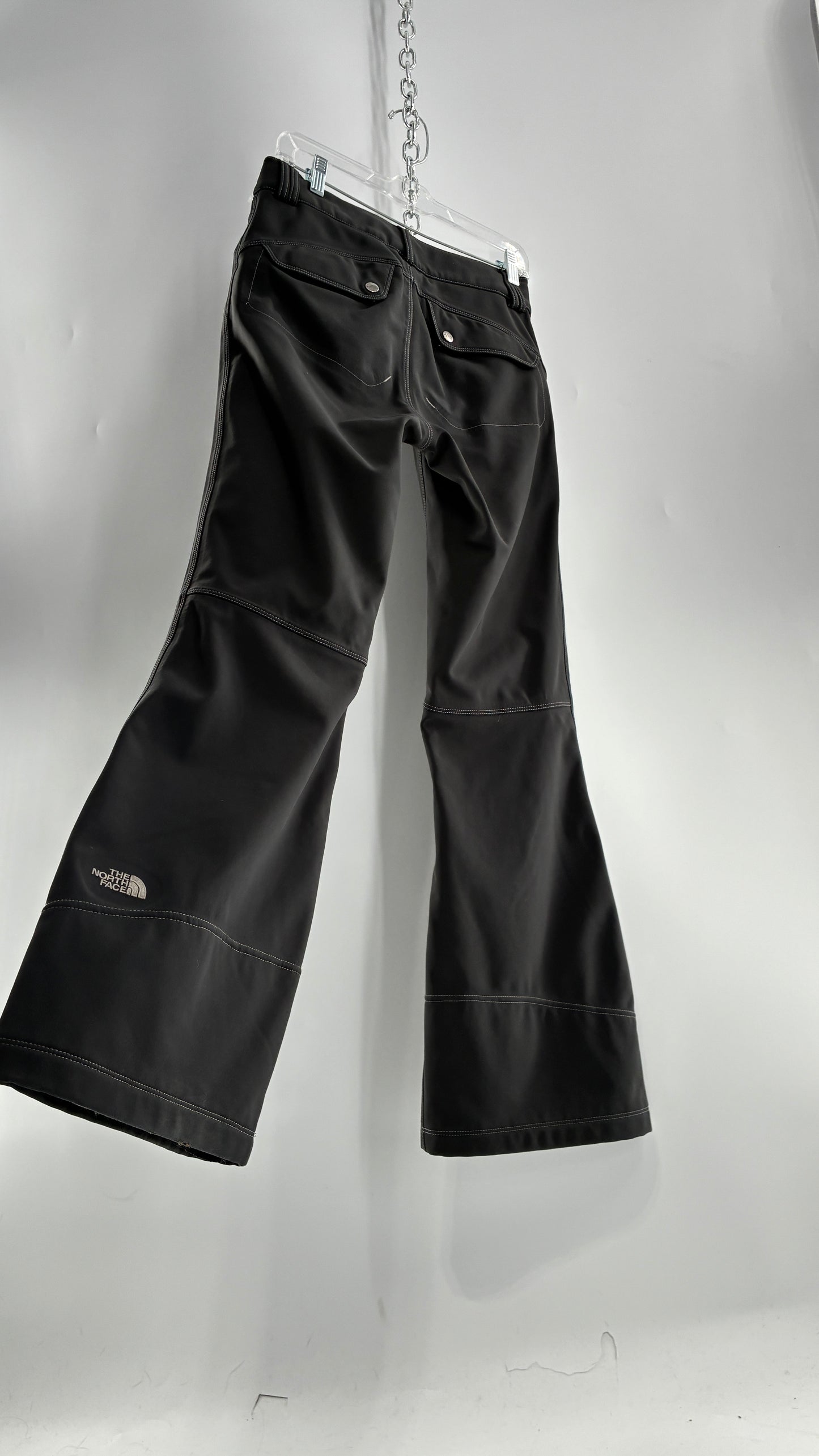 Vintage North Face Dark Gray, Low Rise, Kick Flare Pants with Contrast Stitching, Side Closure and Oversized Bum Pockets (Small)