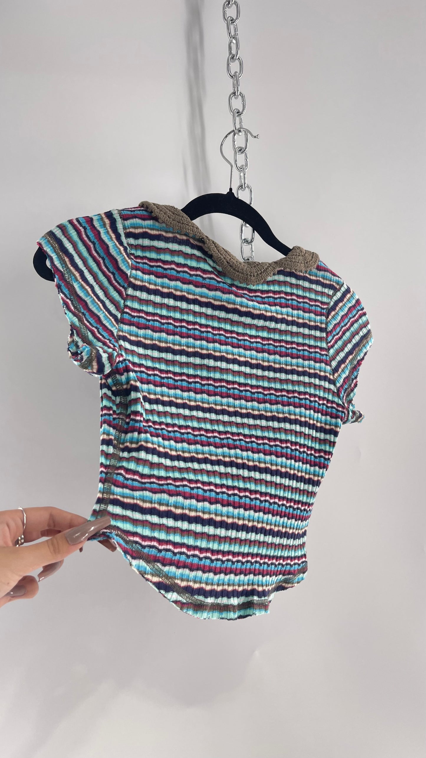 Free People Striped Short Sleeve with Crochet Knit Collar (XS)