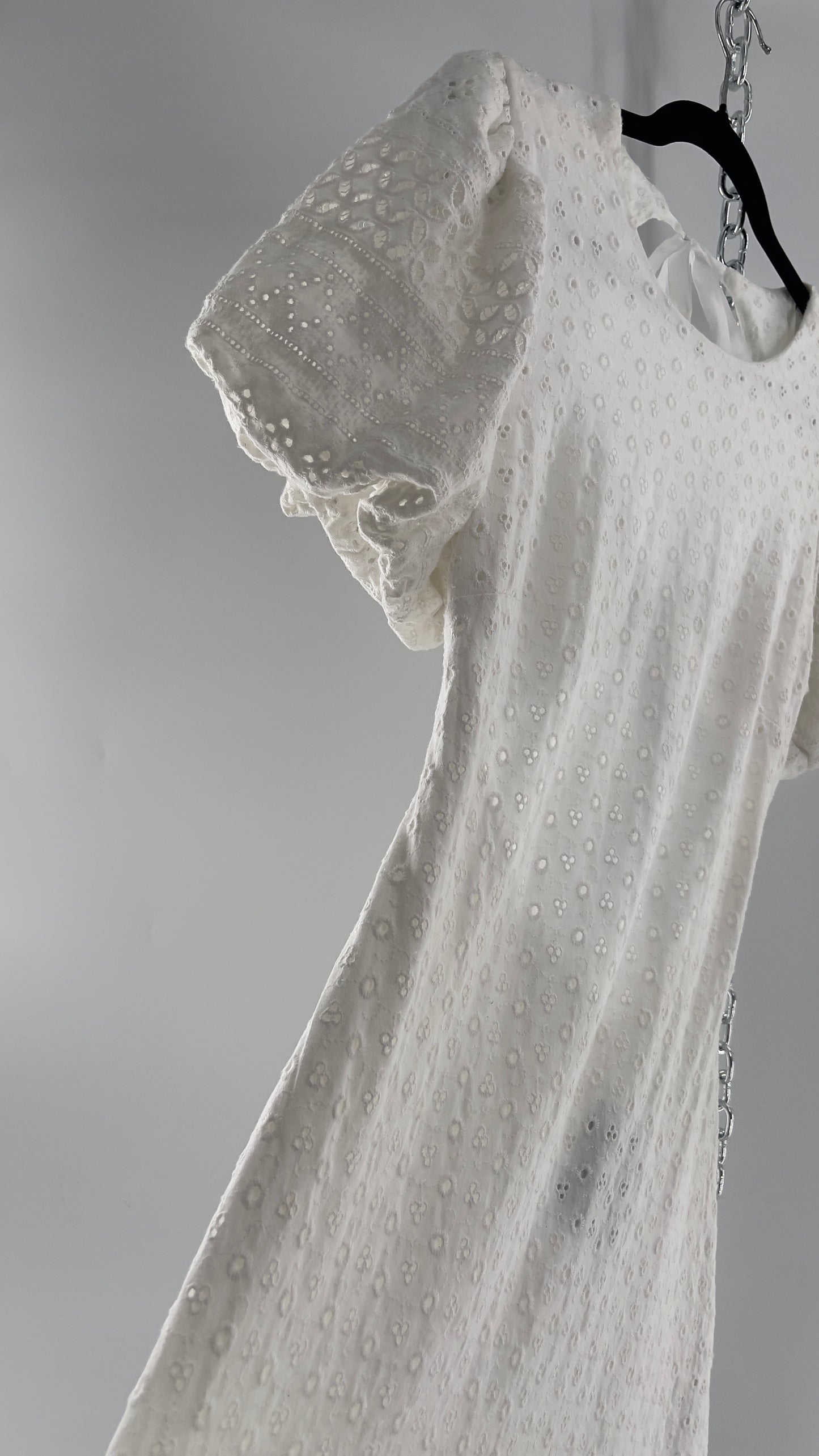 Free People White Eyelet Mini Dress with Puff Sleeve and Open Back (XS)