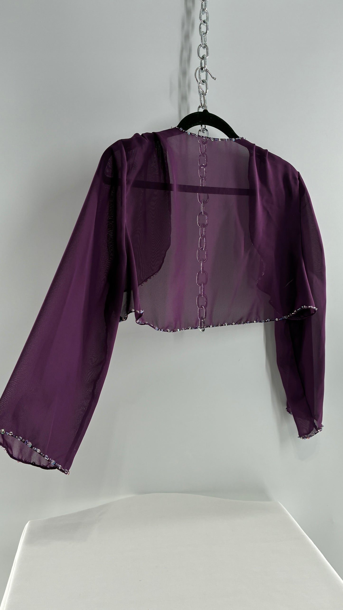 Vintage 1990s Purple Sheer Shrug with Iridescent Beaded Cuffs and Hem (M/L)