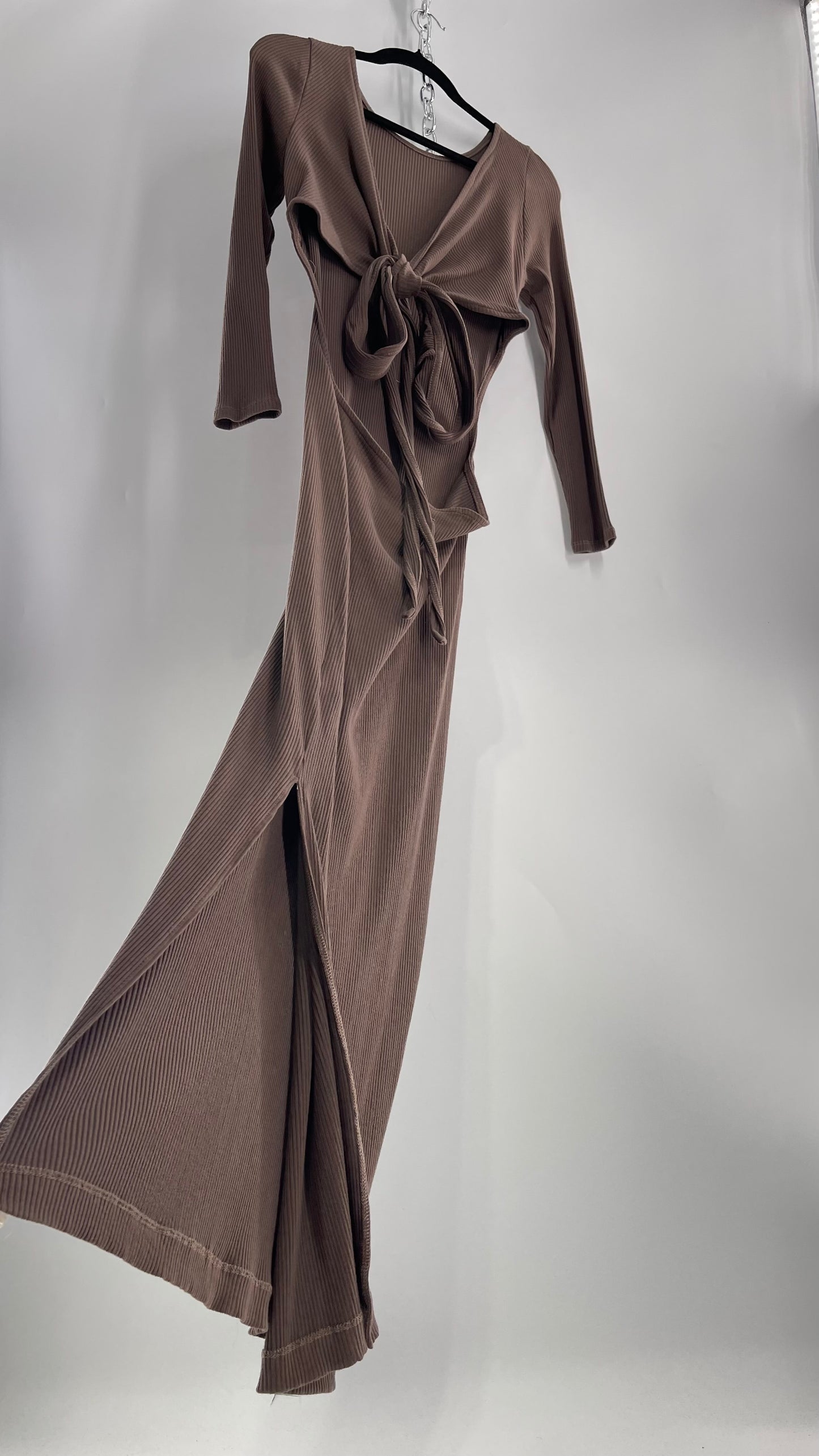 Free People Brown Ribbed Maxi Dress with Low Open Back and Dramatic Tie Detail (Large)
