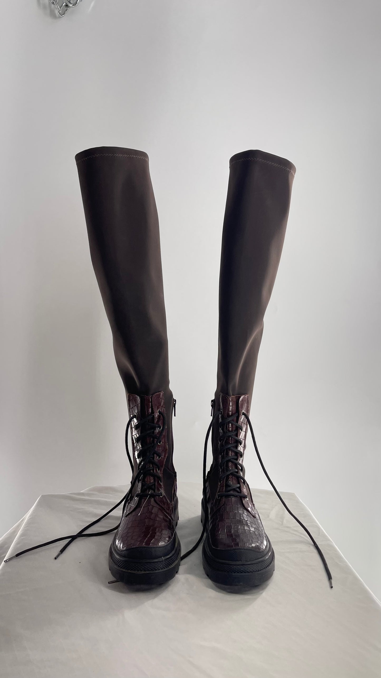 Free People Dark Brown Riding Style Embossed Knee High Platform Boots (39)