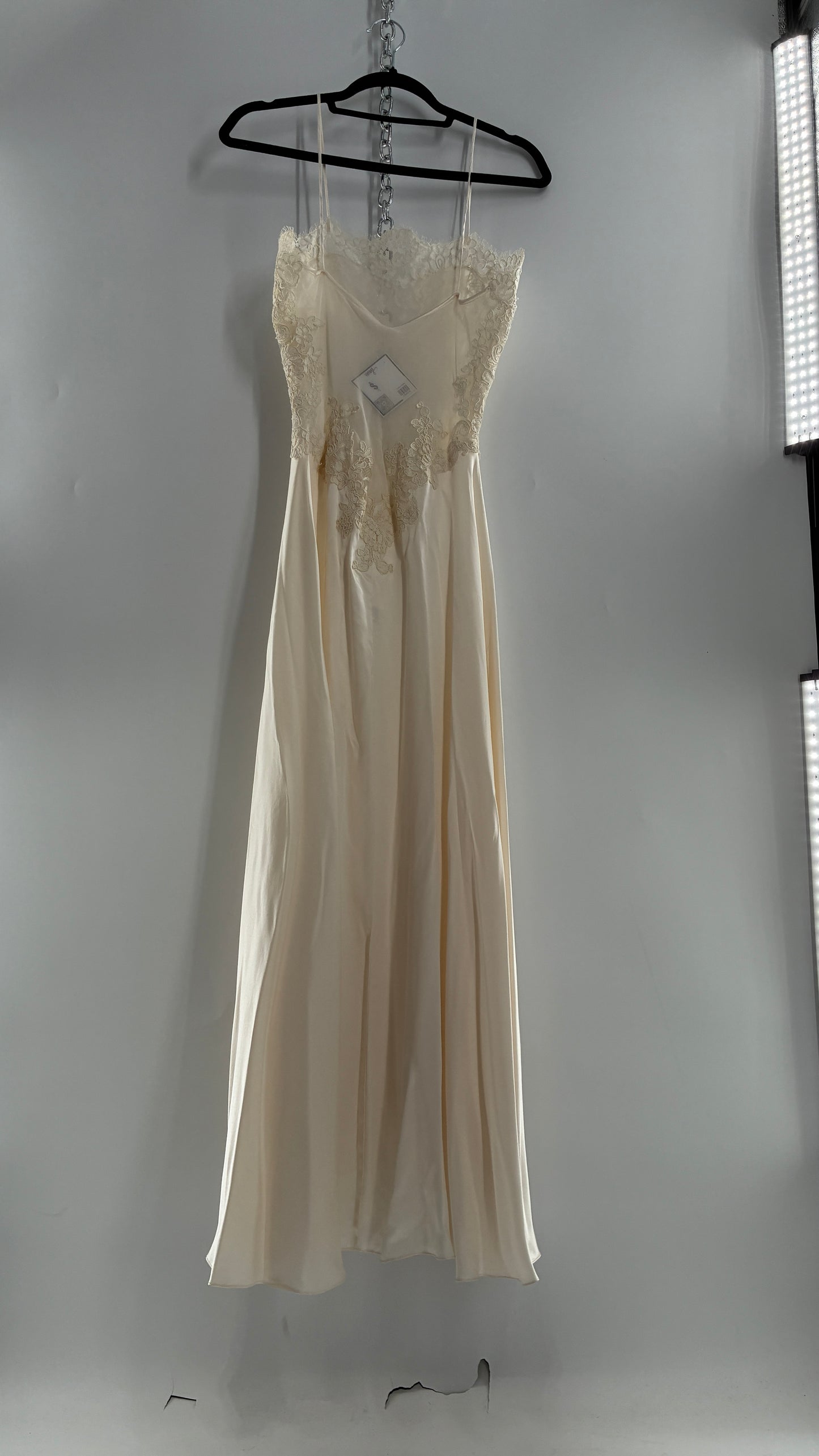 Vintage JONQUIL 100% Silk Gown with Heavy Lace Appliqués and Low Cut Sheer Back (Medium)