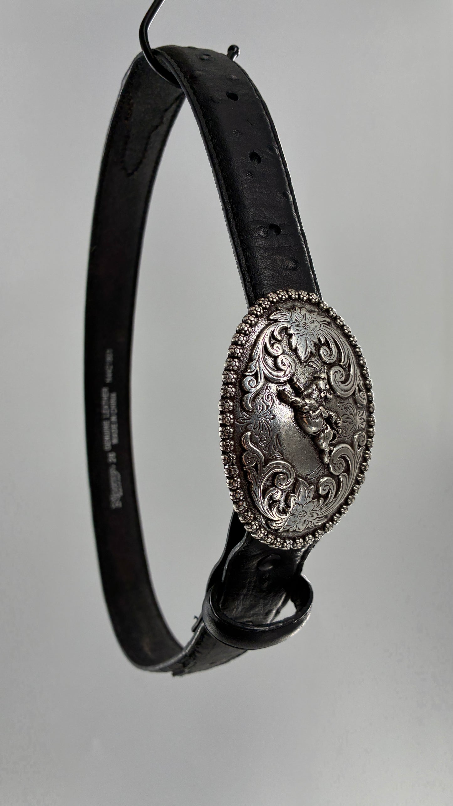 Vintage NOCONA Black Leather Western Style Belt with Oversized Engraved Cowboy Buckle (26)