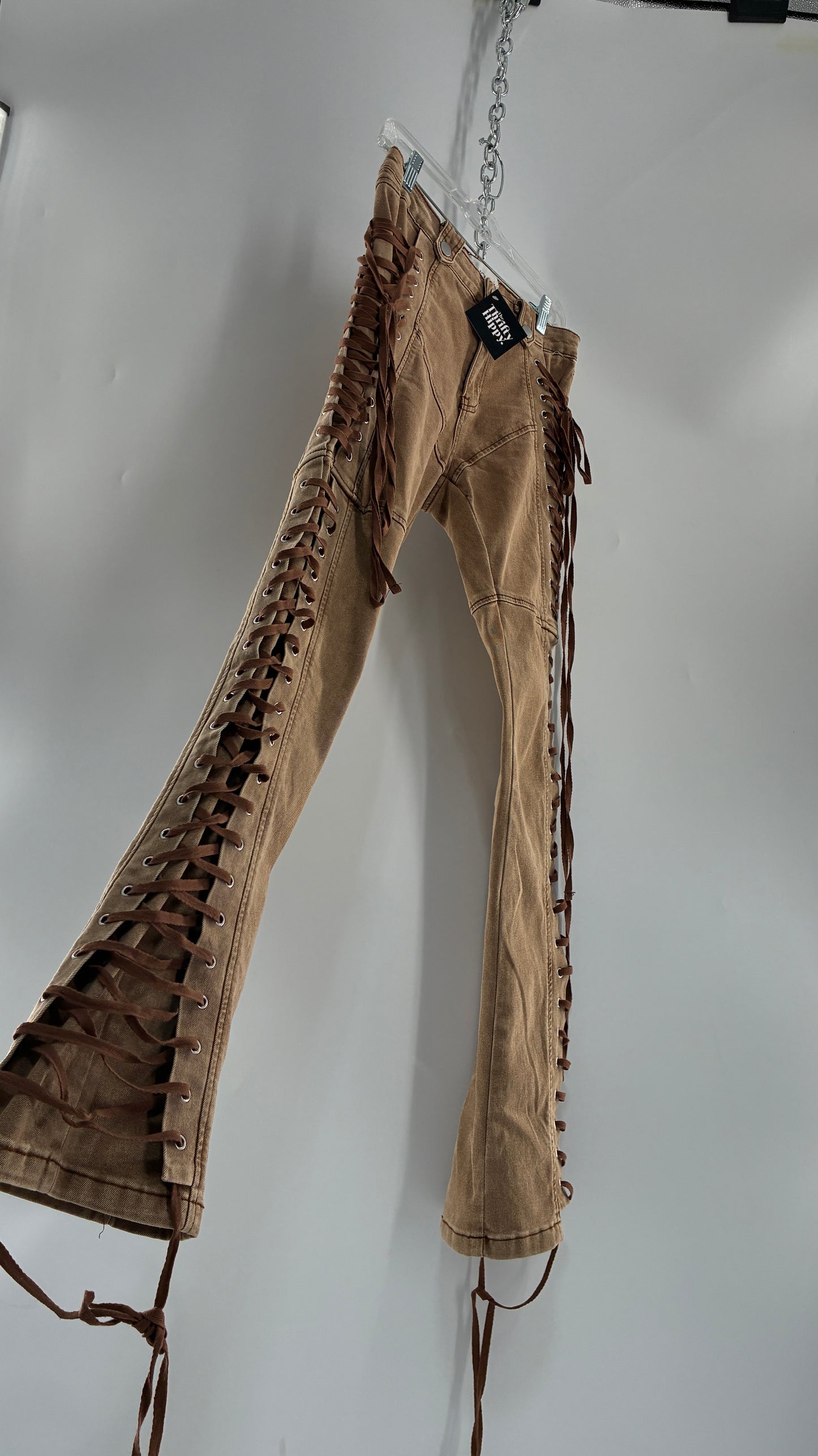 FASHION NOVA Side Tie Faded Brown Jeans (Medium)