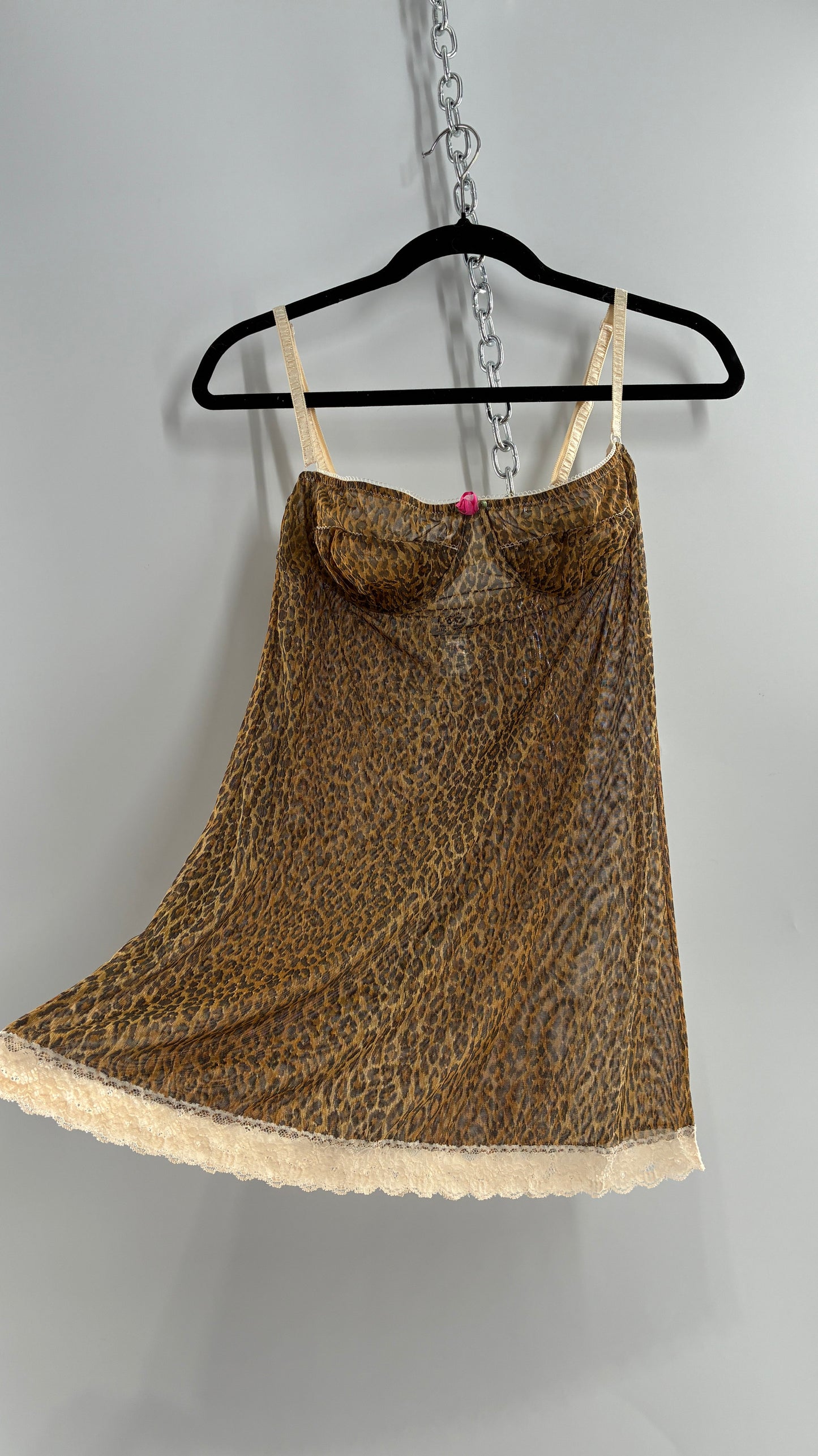 Vintage 1990s Dolce & Gabanna Cheetah Mesh Babydoll Camisole with Underwire Ruched Bust, Rosette and Branded Appliqué Tag (Large)