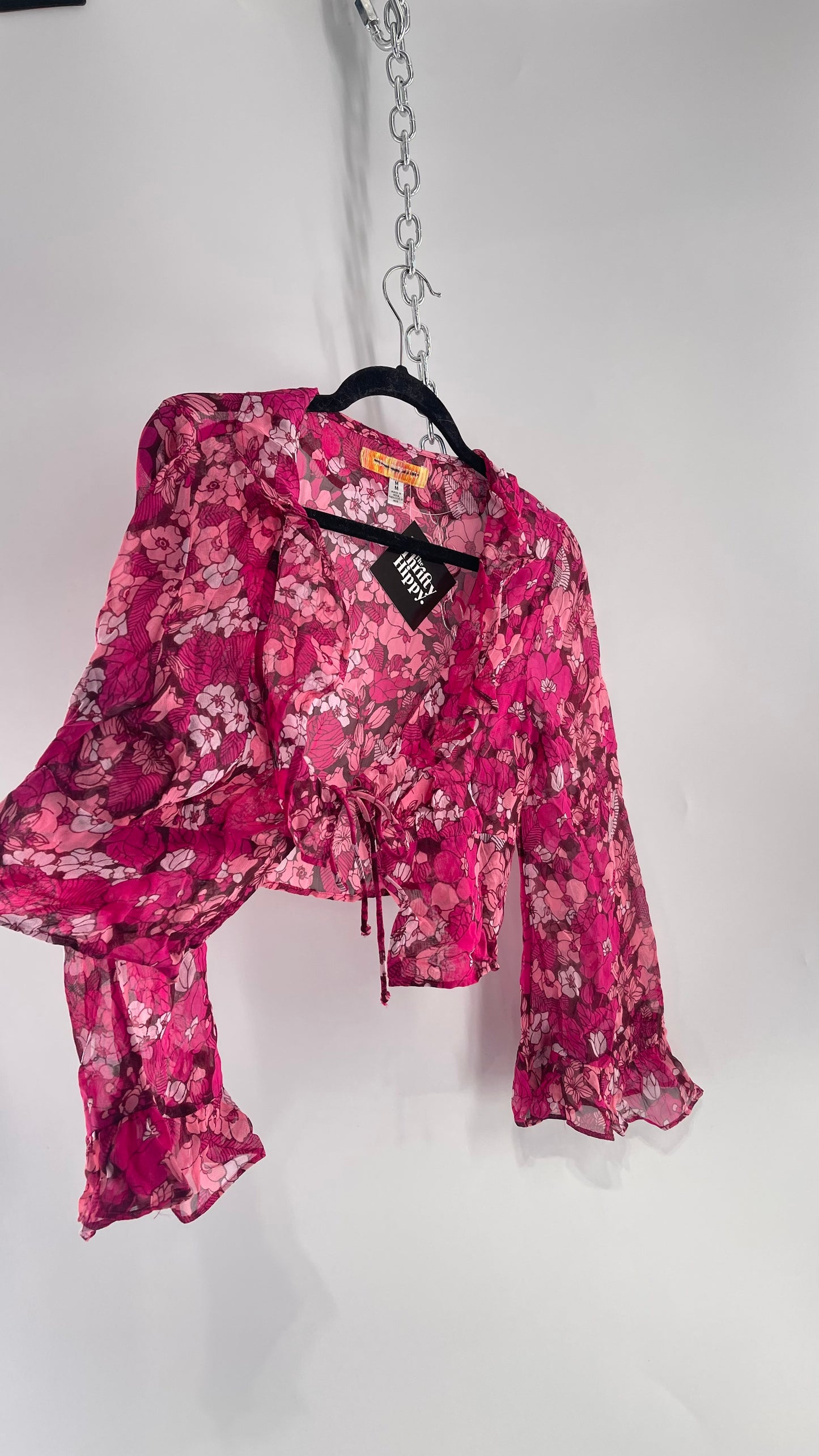 Urban Outfitters Fuchsia 100% Viscose Floral Tie Front, Ruffled Blouse