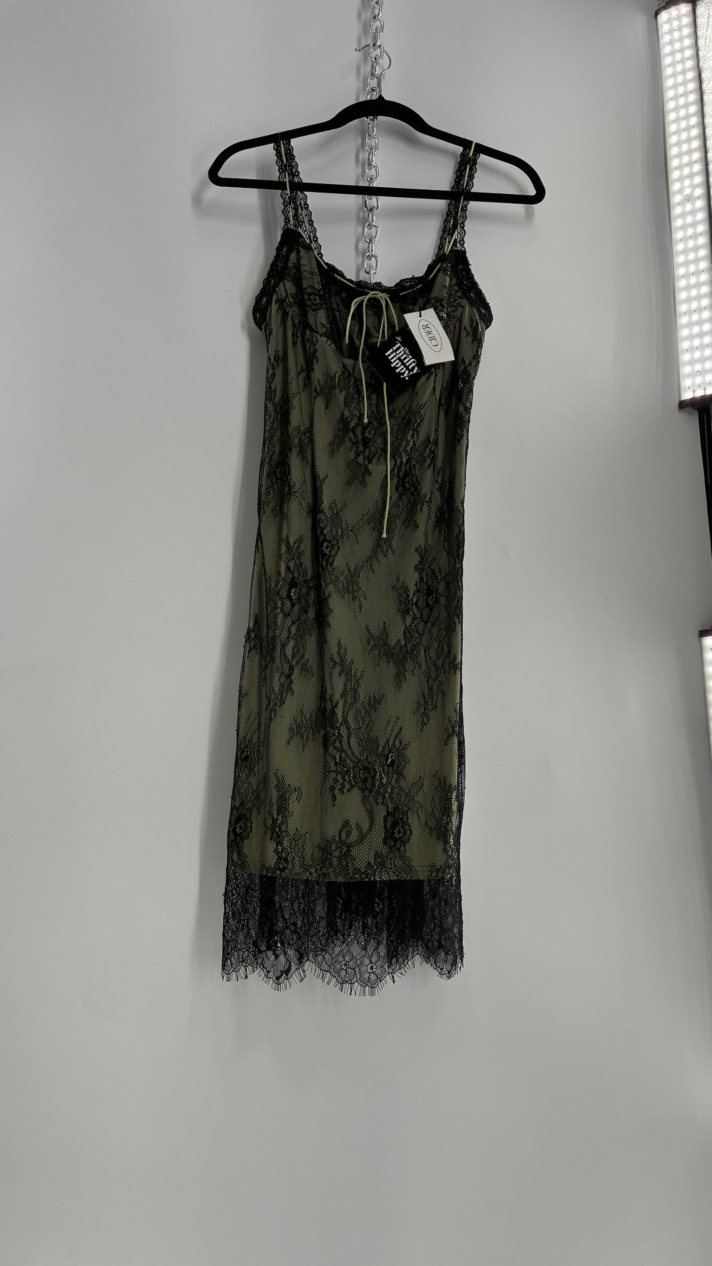 CIDER Green Midi Dress with Black Overlay Lace (Large)