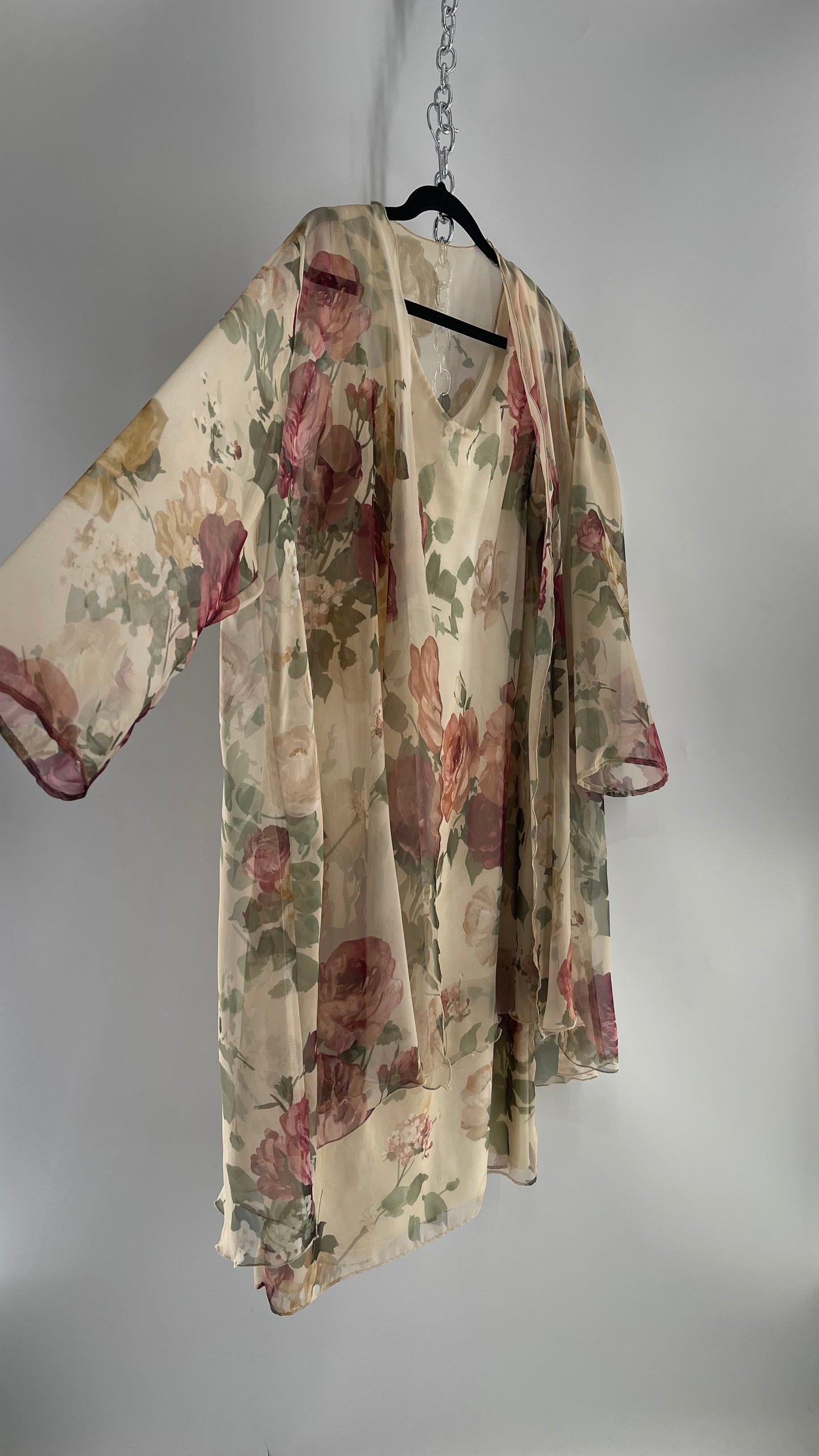 1990s Vintage Off White Muted Florals Dress + Cape Set (16)