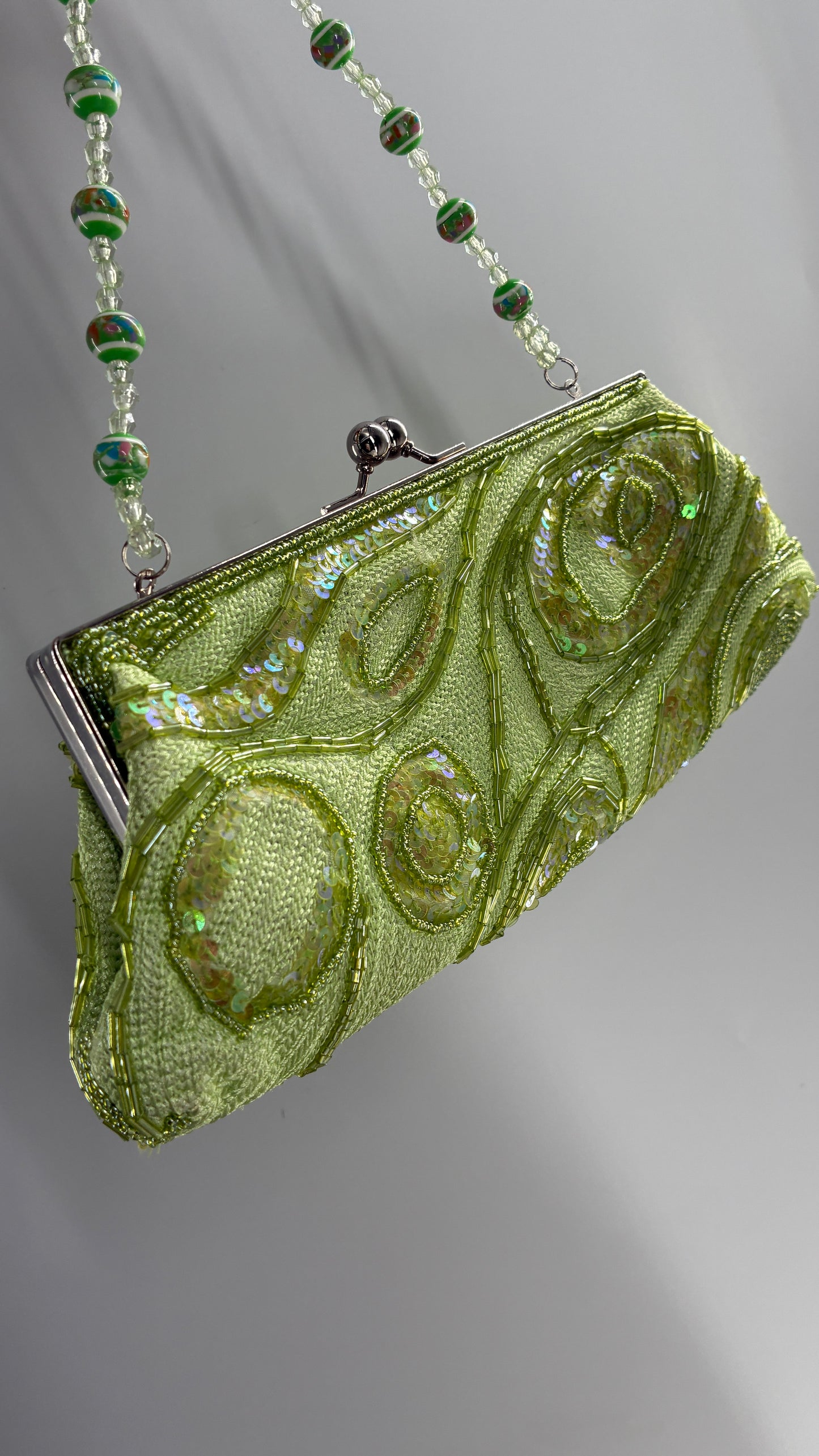 Vintage 1990s Light Green Knit Shoulder Purse with Sequins and Beaded Details