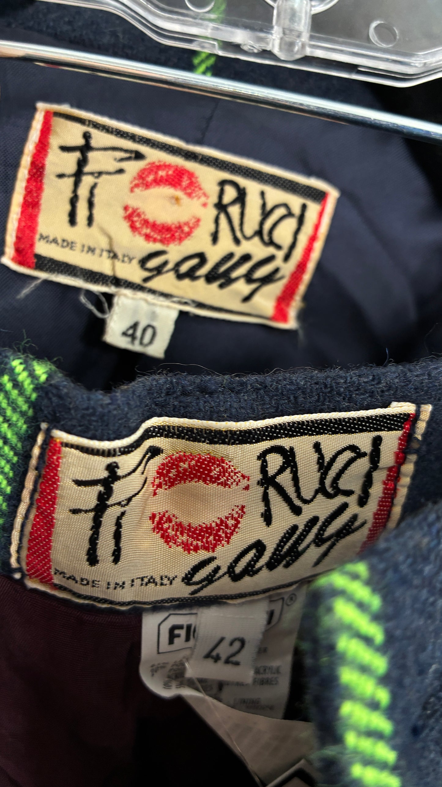 Vintage FIORUCCI GANG Navy and Neon Green Plaid Suit Set with Cropped Blazer and Mini Skirt (40,42)