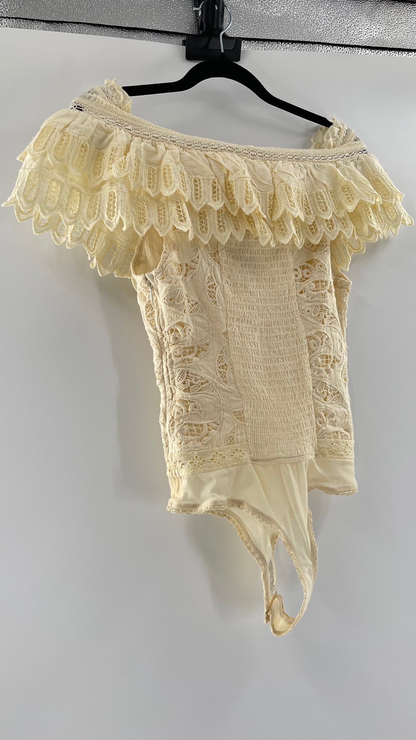 Intimately Free People Light Yellow Lace Bodysuit with Ruffled Off the Shoulder Neckline
(XS)