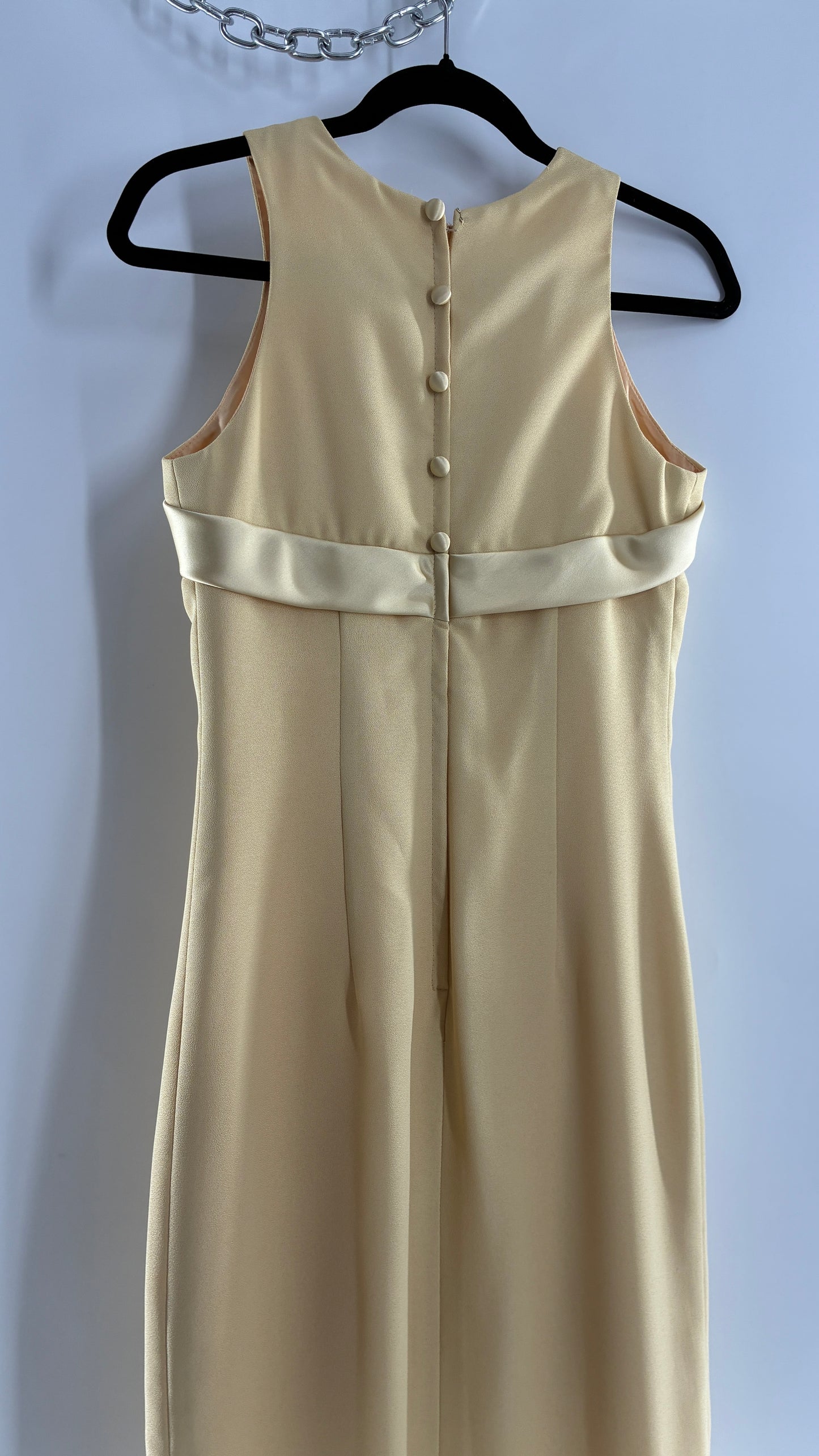 Vintage ALYCE’S Baby Yellow High Neck Satin Bow Bust, Side Slit, Button Back Gown (Measured)