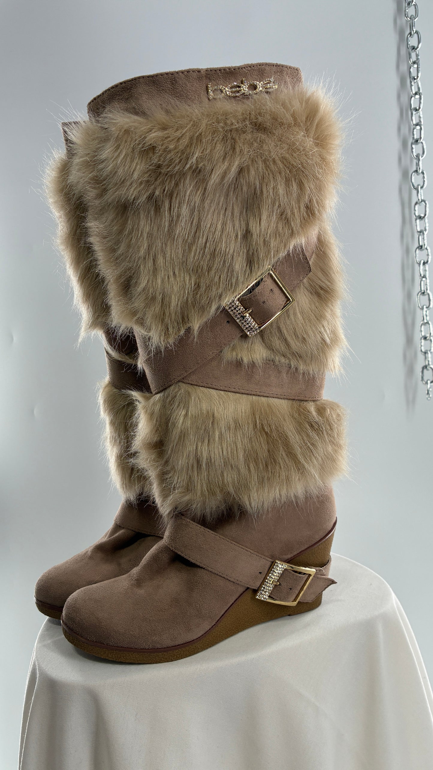 Vintage BEBE Wedge Heel Knee High Vegan Fur, Strappy Boots (6)
