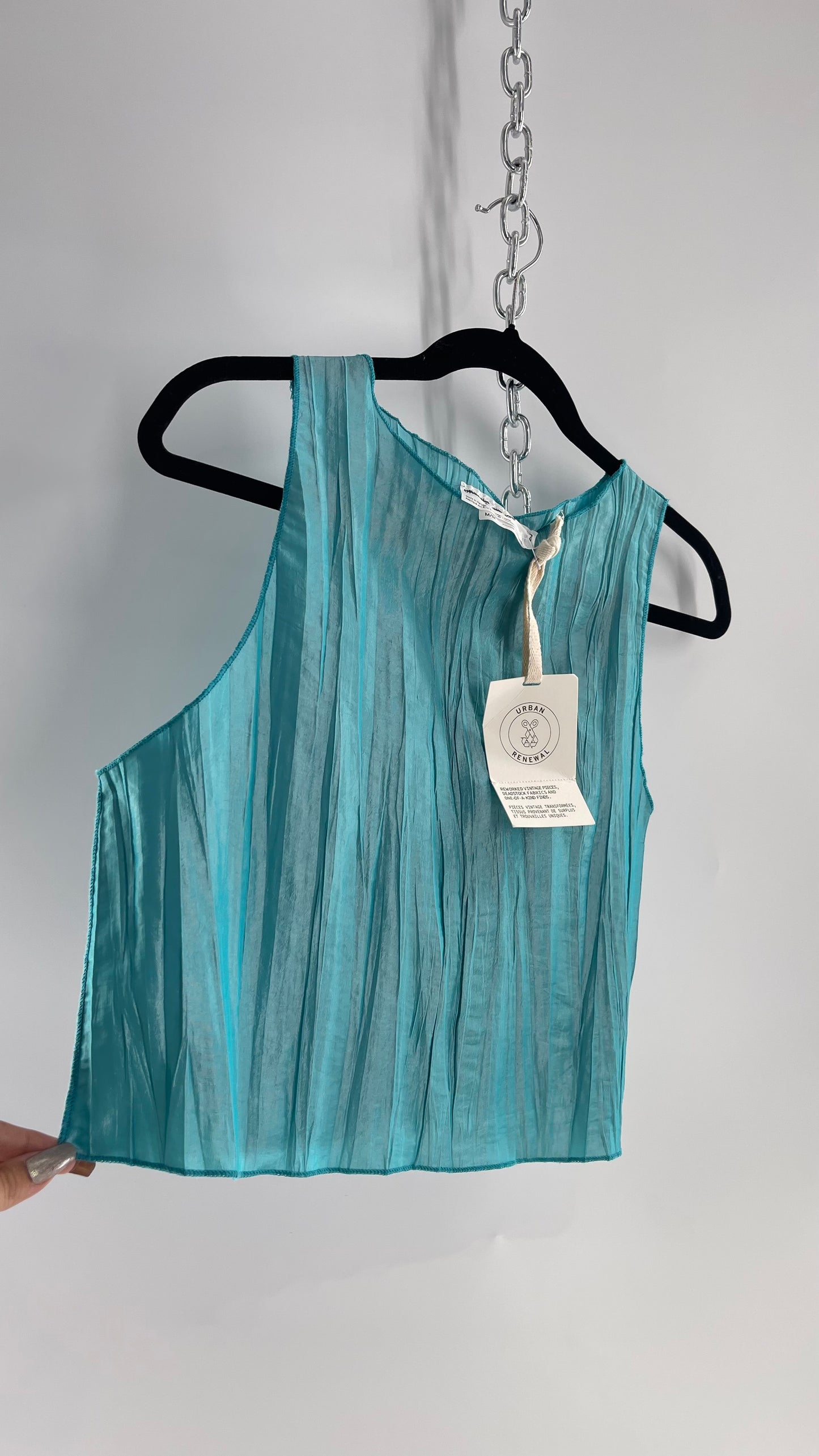Urban Outfitters Renewal Aquamarine Crimped/Pleated Blue Shimmer Tank (M)