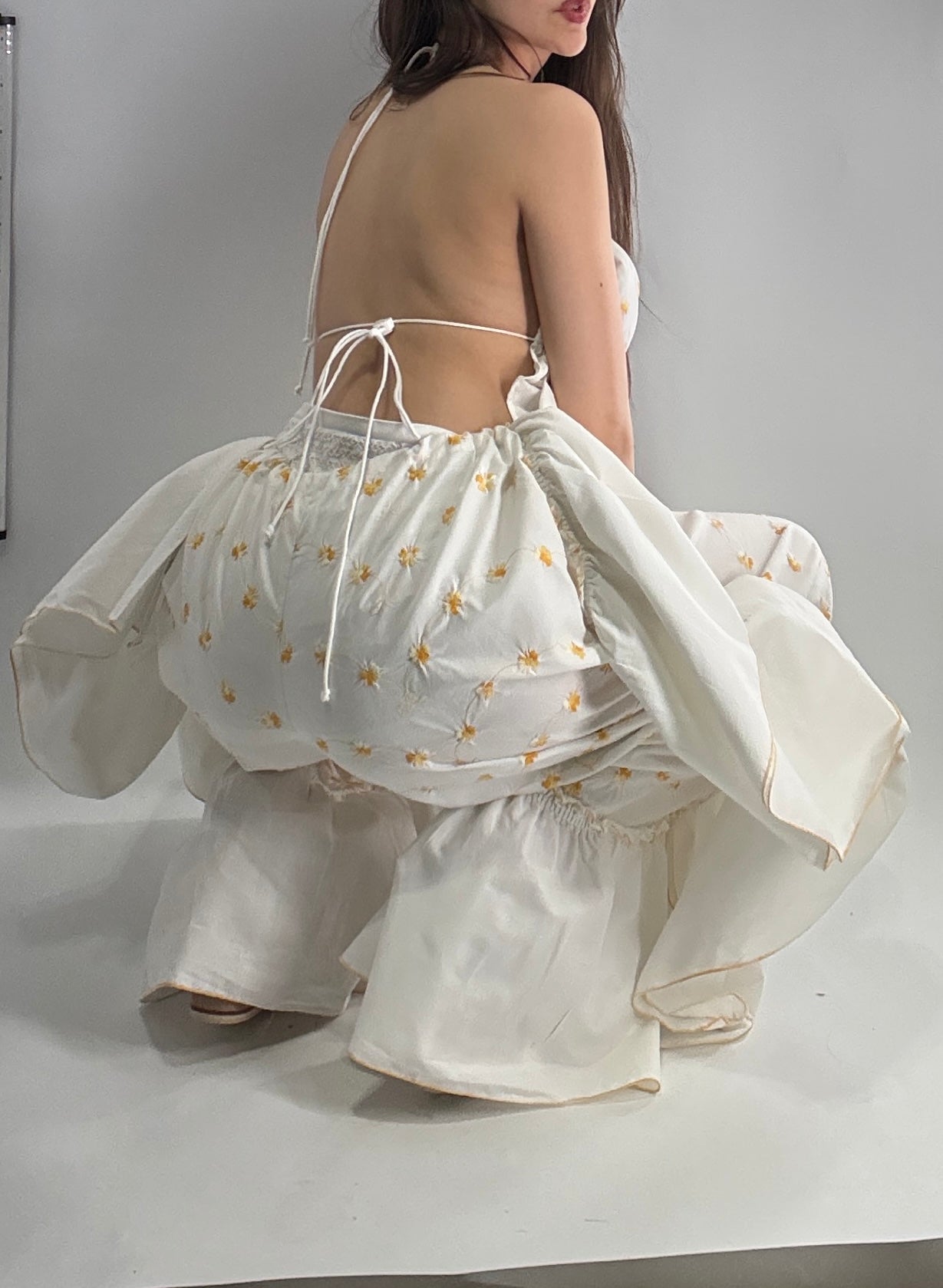 Vintage Handmade Angeline 2pc Set with Ruffled Pant, Embroidered Daisy Pattern, and Bustier Camisole with Adjustable Drawstring Bustline and Waistline (XS-L)
