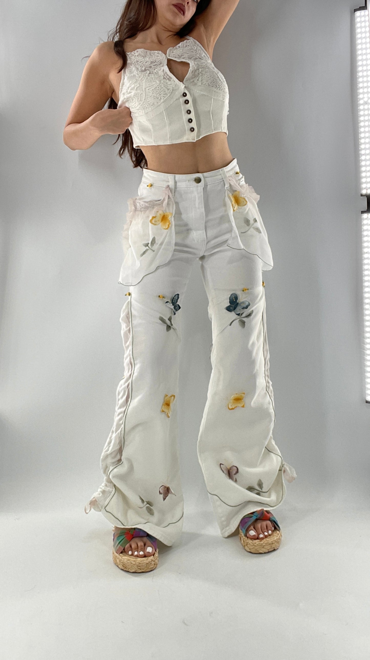 Remade Upcycled Lee White Jeans with Drawstring Adjustable Length, Lace Trim Pockets, Embroidery and Appliqué Details (27)