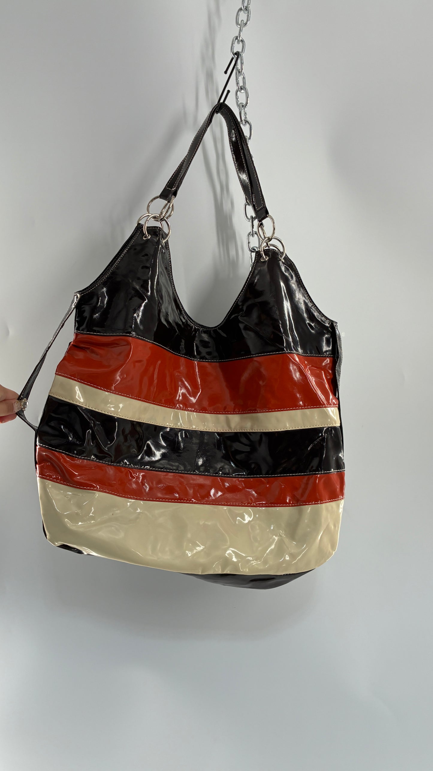 Vintage CANDIES Patent Oversized Striped Brown, Cream, Orange Tote