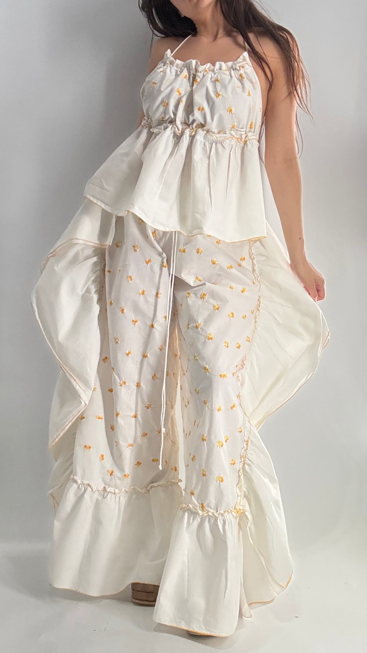 Vintage Handmade Angeline 2pc Set with Ruffled Pant, Embroidered Daisy Pattern, and Bustier Camisole with Adjustable Drawstring Bustline and Waistline (XS-L)