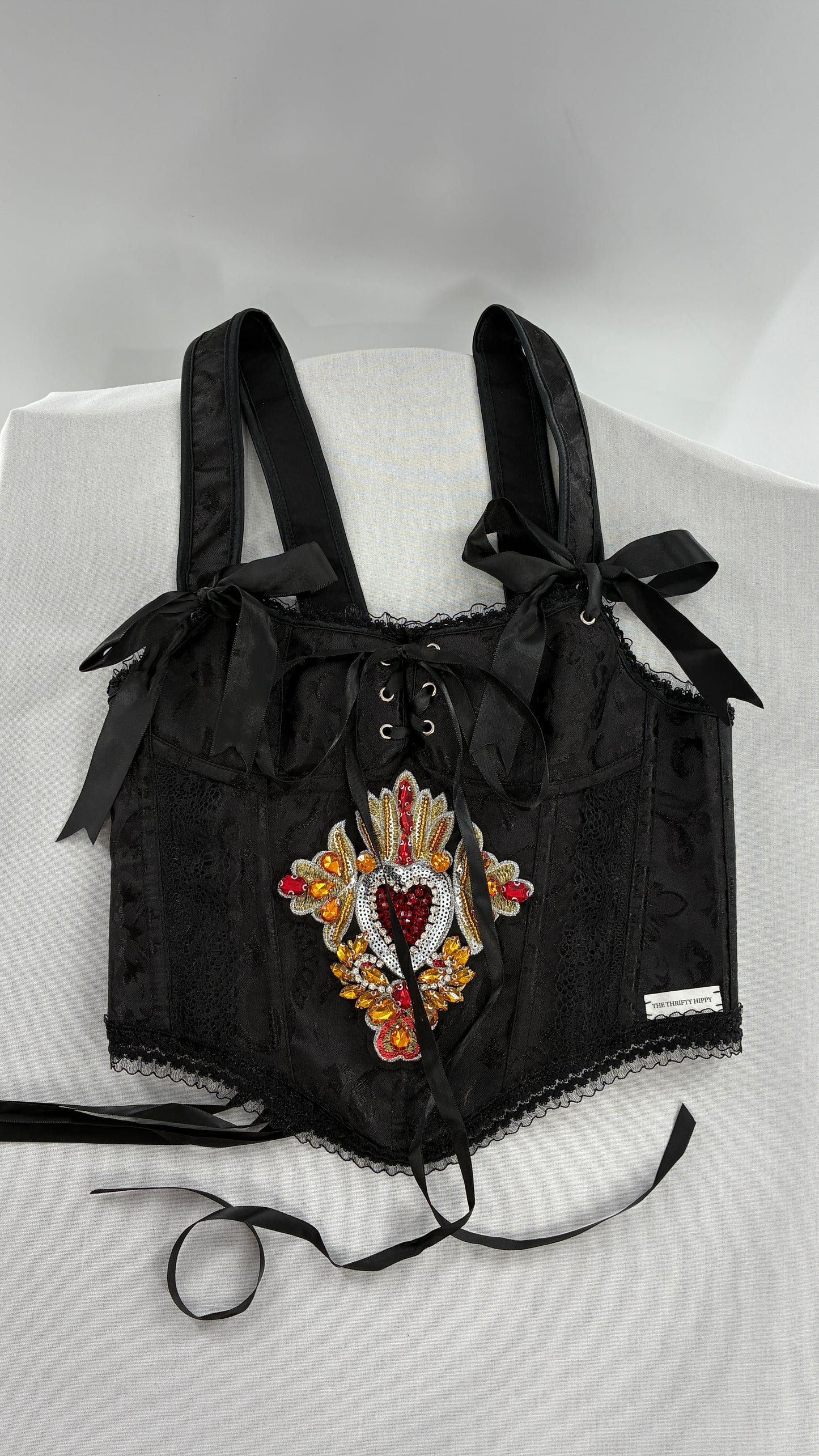 Custom Black Jacquard Corset, Handmade with Heart Appliqué, Bows, Embroidery, Gemstones, Lace and Ruffles (S/M)