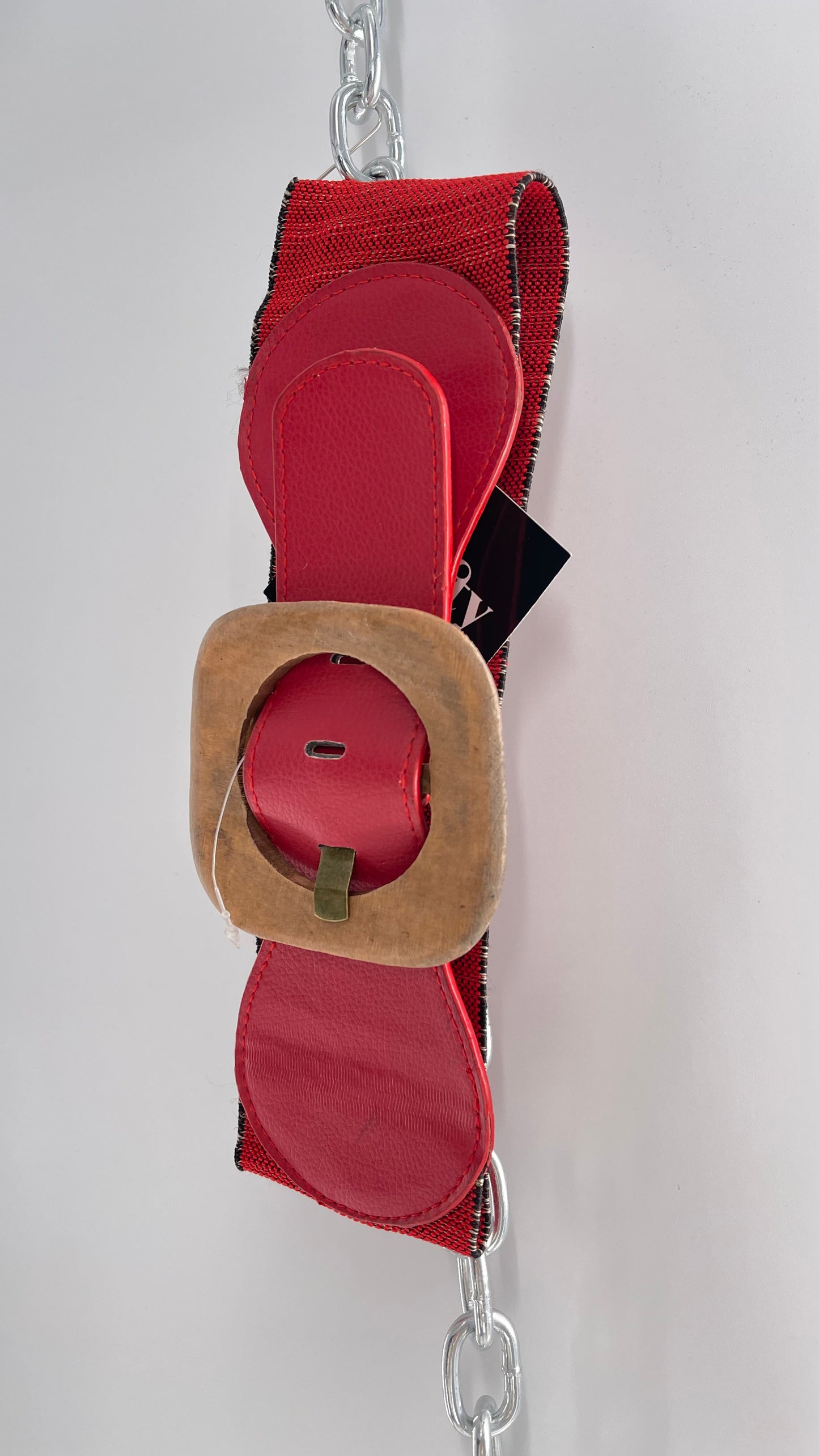 Vintage Red Leather Scrunch/Elastic Wooden Buckle Belt (XS/S)