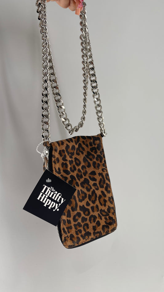 Free People Cheetah Suede Leather Phone/Card Pouch with Heavy Metal Chain