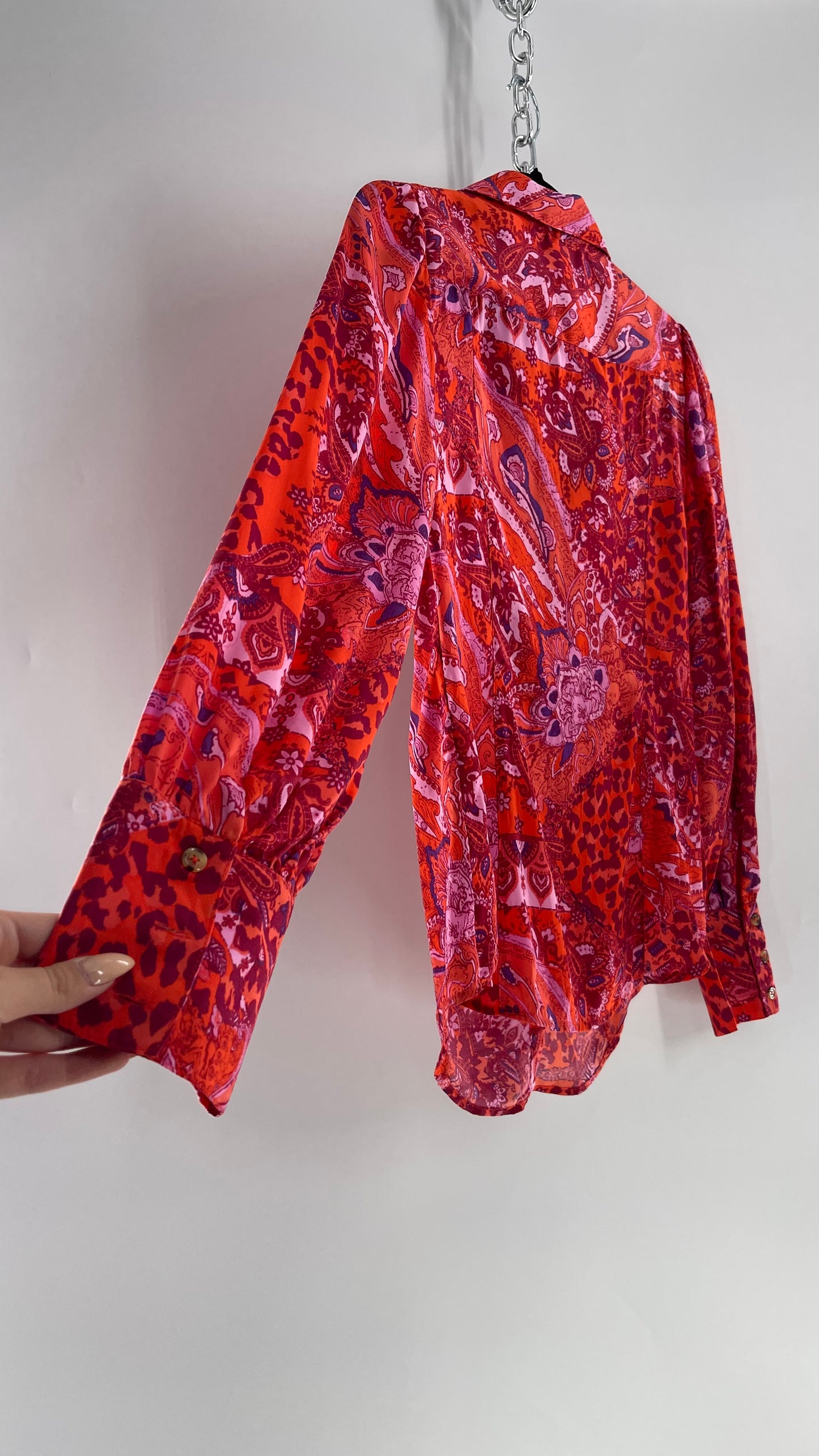 Free People Red, Neon Orange Leopard Paisley Patterned Button Front(Medium)