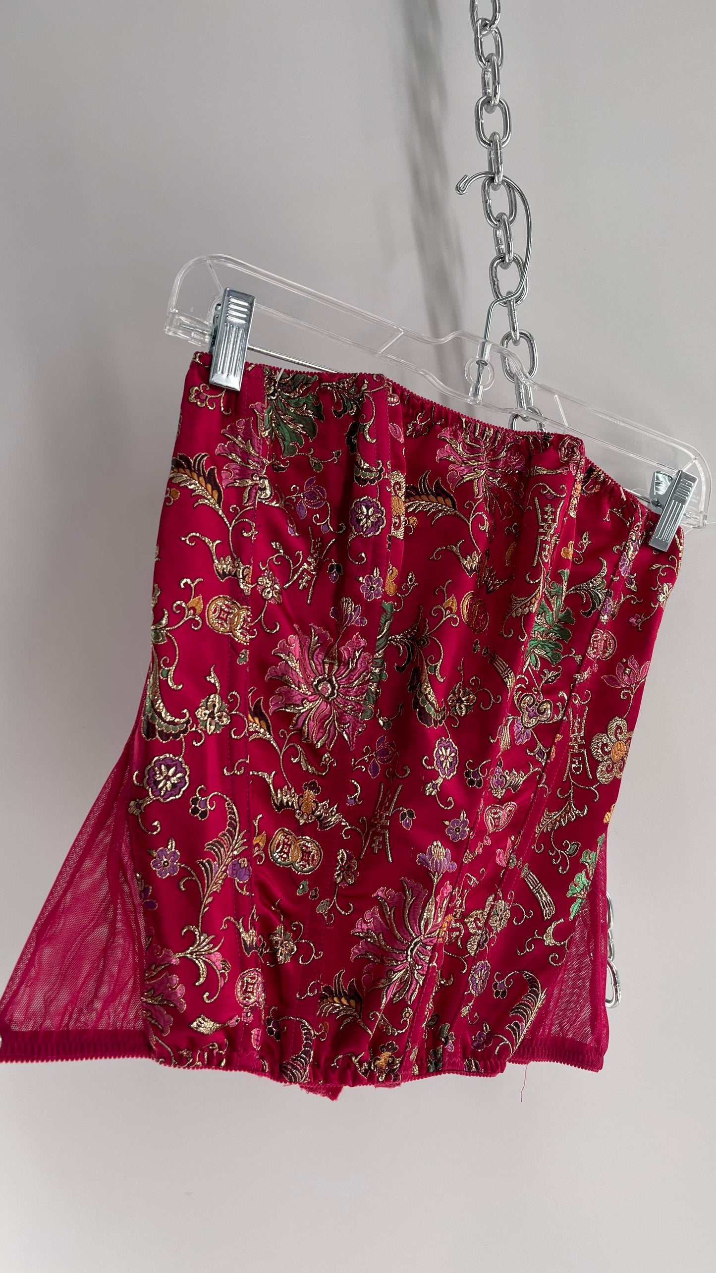 Vintage 1990s HOT Hot Pink Jacquard Metallic Boned Corset with Mesh Back and Hips (Small)