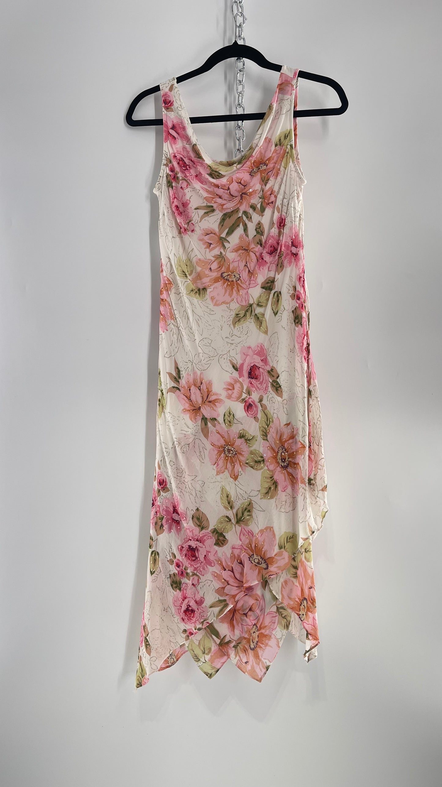 Vintage Eva Blue Pink Floral Draped Neck Sleeveless MIDI with Beading (10)