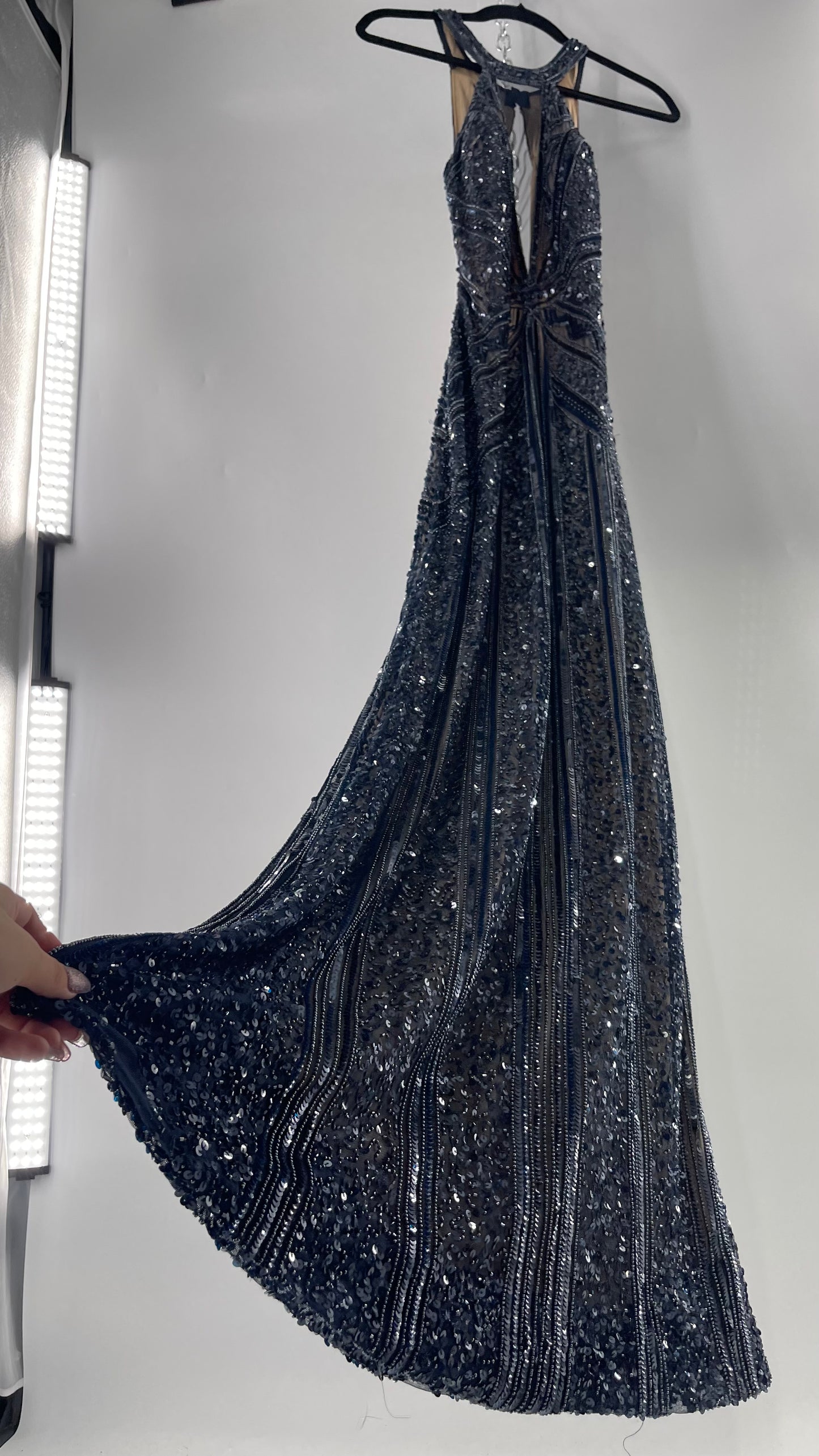 Vintage SCALA Navy Blue Beaded Floor Length Gown with Plunging Neckline, Backless Detail, and Tan Underlay (C)(4)