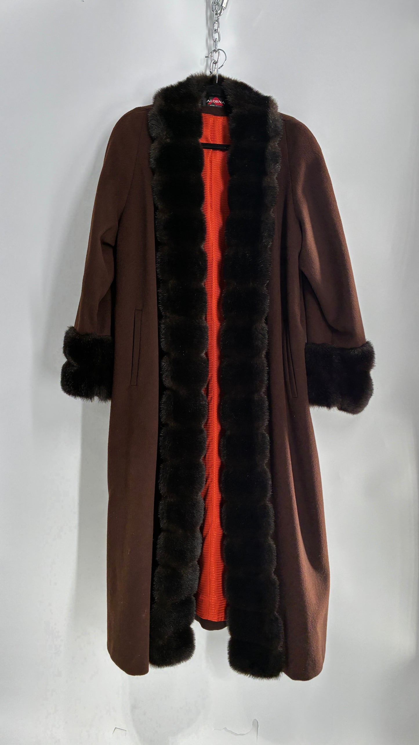 Vintage ALORNA Brown 75% Wool Duster, Full Length Coat with Vegan Fur Pom Pom Trim (12)